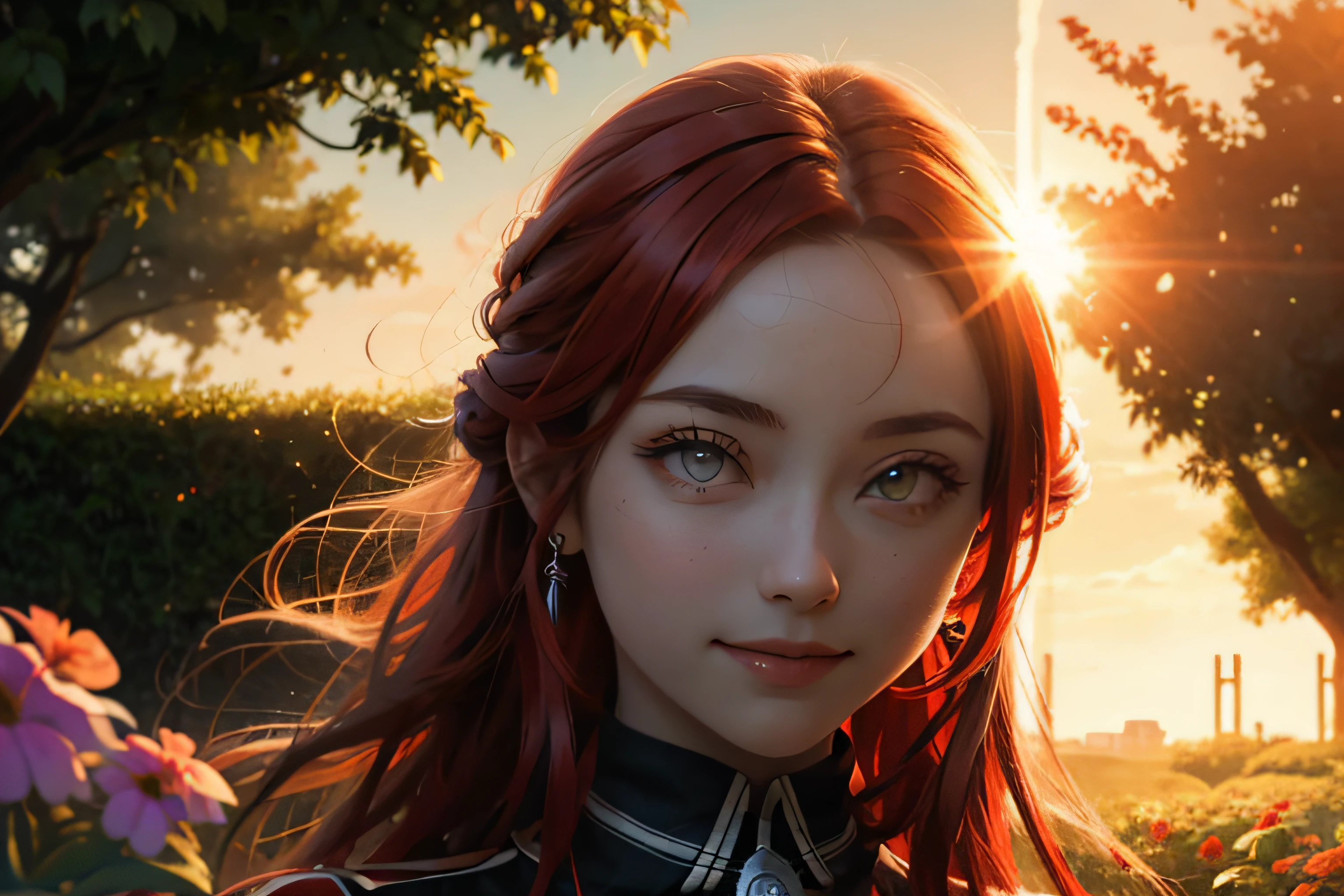 (masterpiece:1.2), best quality, expressive eyes, perfect face, tiese, red eyes, detailed eyes, red hair, smiling, posing lovely, garden, sunset, lens flares