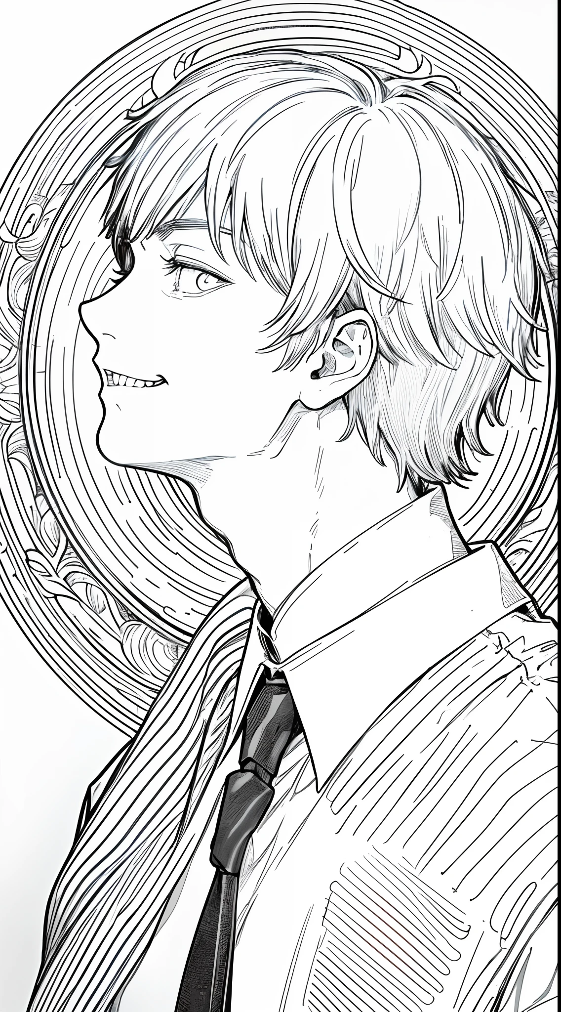 masterpiece, best quality, high quality, ultra detailed, upper body, 1boy, solo, Denji, smirk, evil grin, sharp teeth, white office shirt, black necktie, short hair, profile close-up, line art, lineart, white background, monochrome, line drawing, (((looking at viewer)))