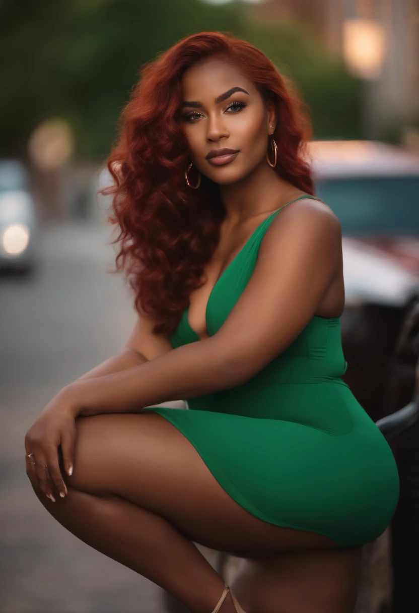 beautiful black gorgeous instagram model, young 27 years old, thick curvy, caramel skin, vibrant red hair, blue and green eyes, gorgeous facial features, vibrant red body wave hair, lingerie, radiant skin, soft lighting, diffused glow, most realistic, real quality, nikon d850, 85mm lens, high resolution