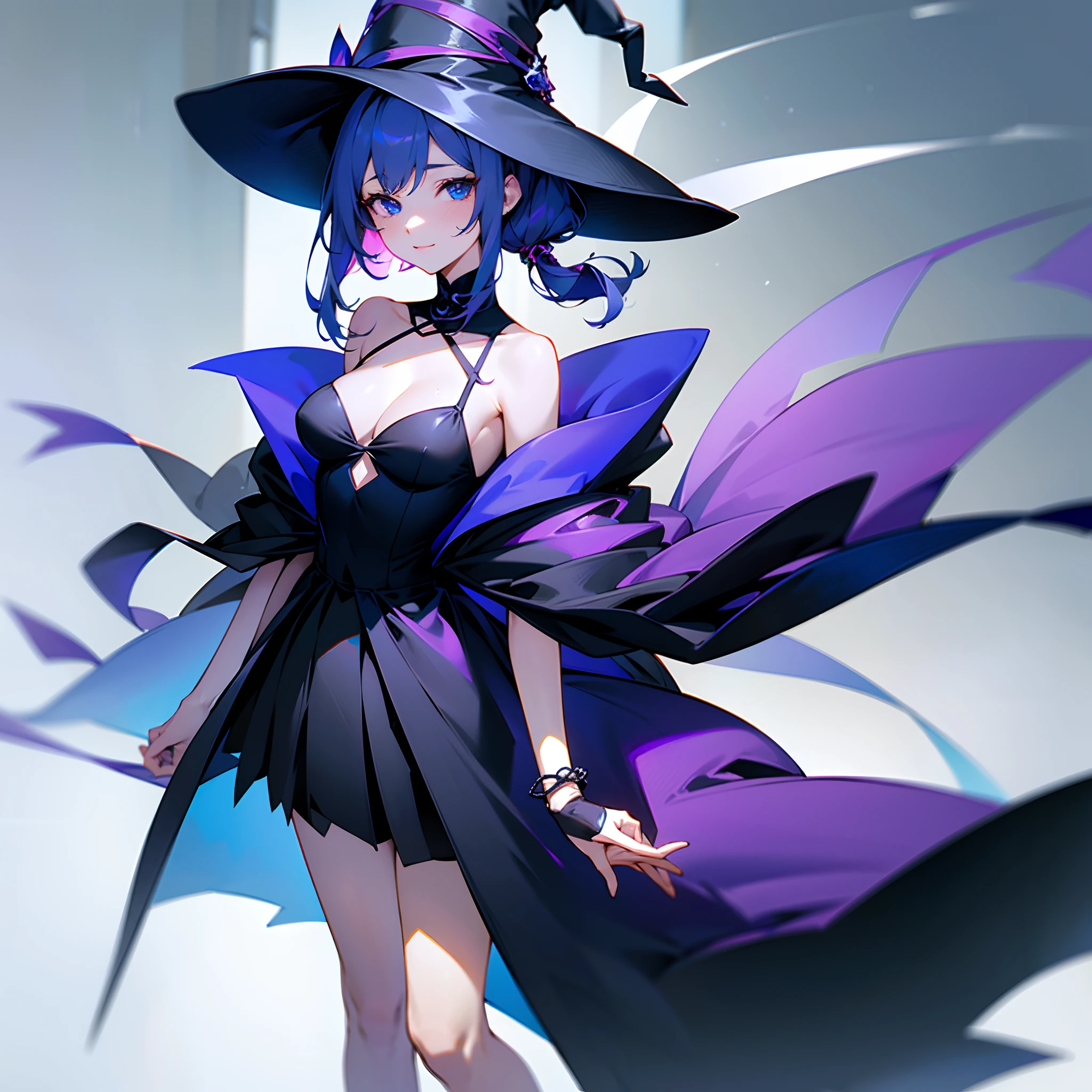 Midnight Sumida River Park、One 27-year-old woman with small breasts、She wears a large black witch hat with sapphire accessories、White medium shorthair with blue-purple mesh、Looking at me with a smile、Blue eyes with highlights、Black long coat、White camisole、Black Midi Skirt、Black sneakers with white shoelaces、small tits、discreet breasts、hiquality、High Details、high-level image quality、4K picture quality、Delicate painting