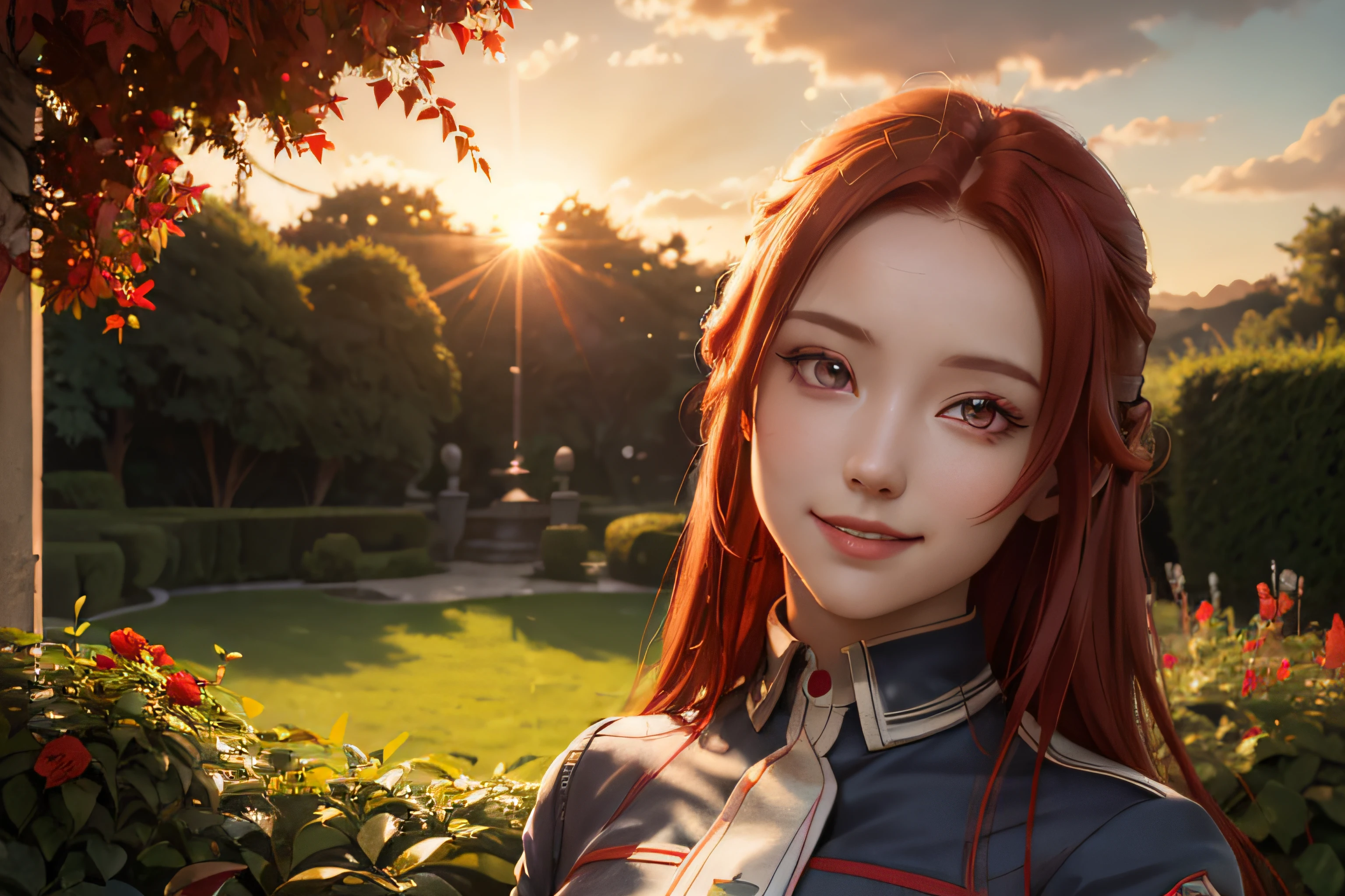 (masterpiece:1.2), best quality, expressive eyes, perfect face, tiese, red eyes, red hair, smiling, posing lovely, garden, sunset, lens flares