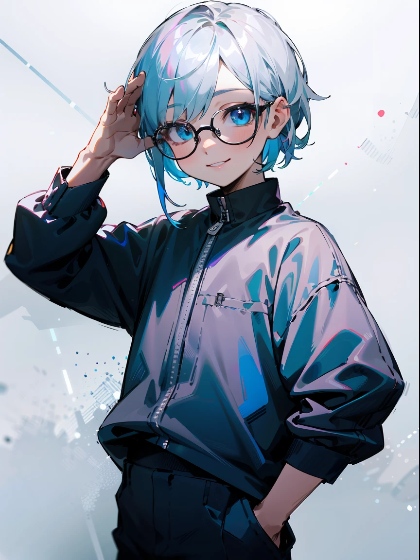 Male , Black glasses,blue eyess,Cowboy Shots,A smile, silber hair,Daytime,Iridescent background,
