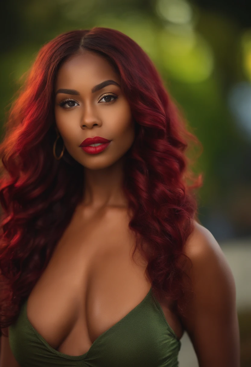 beautiful black gorgeous black instagram model, young 27 years old, caramel skin, wearing lingerie and vibrant red hair, blue and green eyes, gorgeous features, close up, vibrant red body wave hair, TALL, BIG BREAST, NICE BUTT, SMALL WASTE, radiant skin, soft lighting, diffused glow, most realistic, real quality, nikon d850, 85mm lens, high resolution