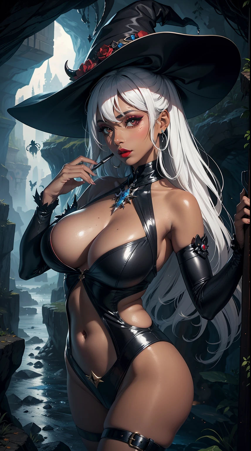 Masterpiece, 4k,ultra detail, detail face, eyeshadow, red lip, large breast,(sexy witch), pretty face, (dark cave), dynamic pose, white hair, (dark skin:1.5), demon horn