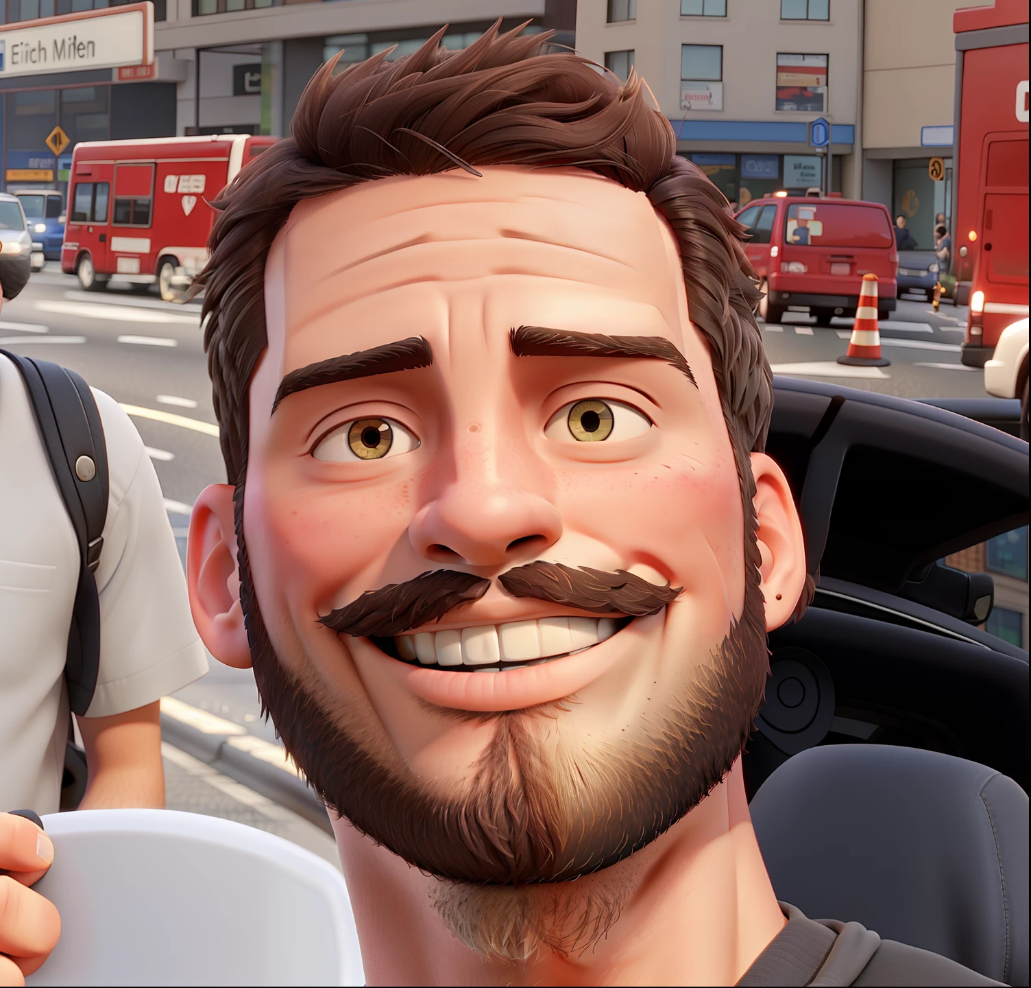 Photo short haired man with beard smiling with traffic behind