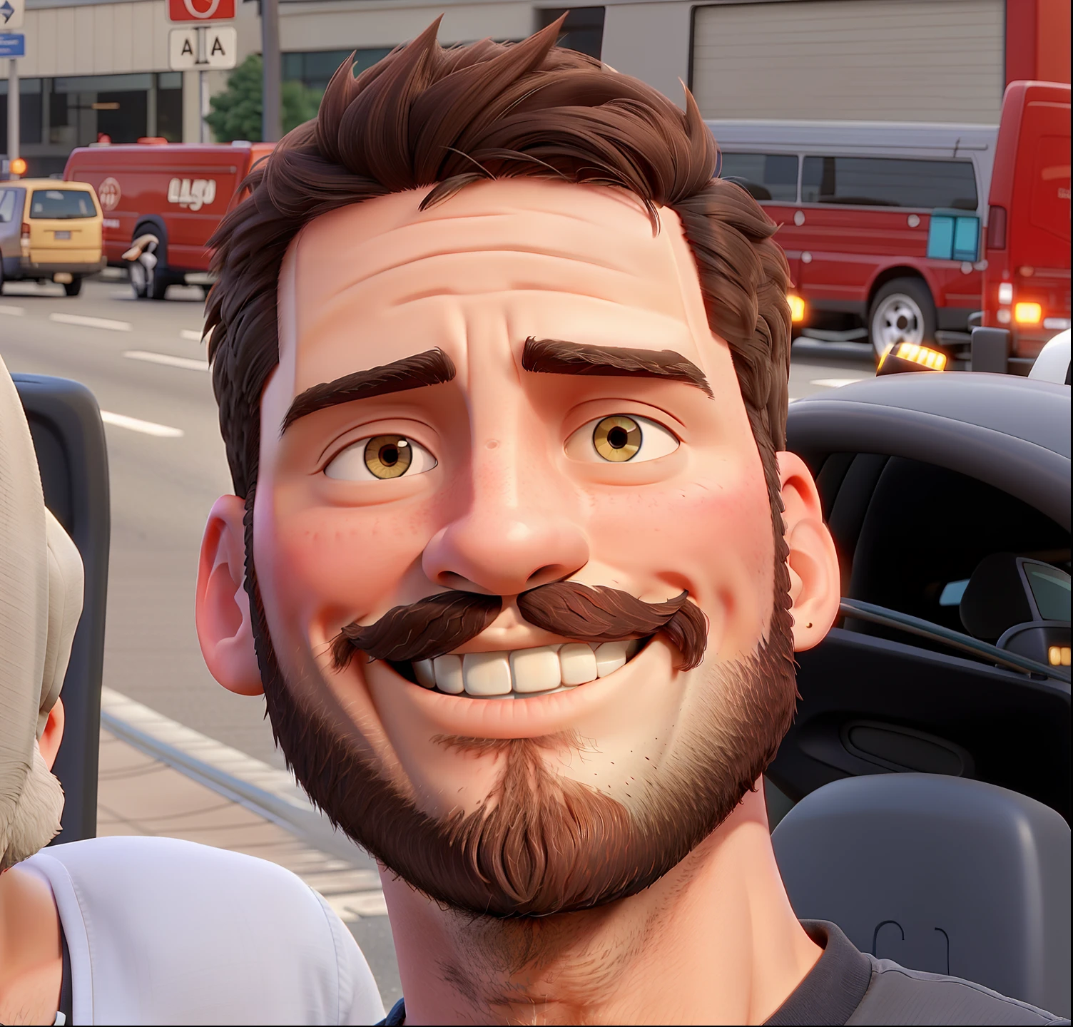 Photo short haired man with beard smiling with traffic behind