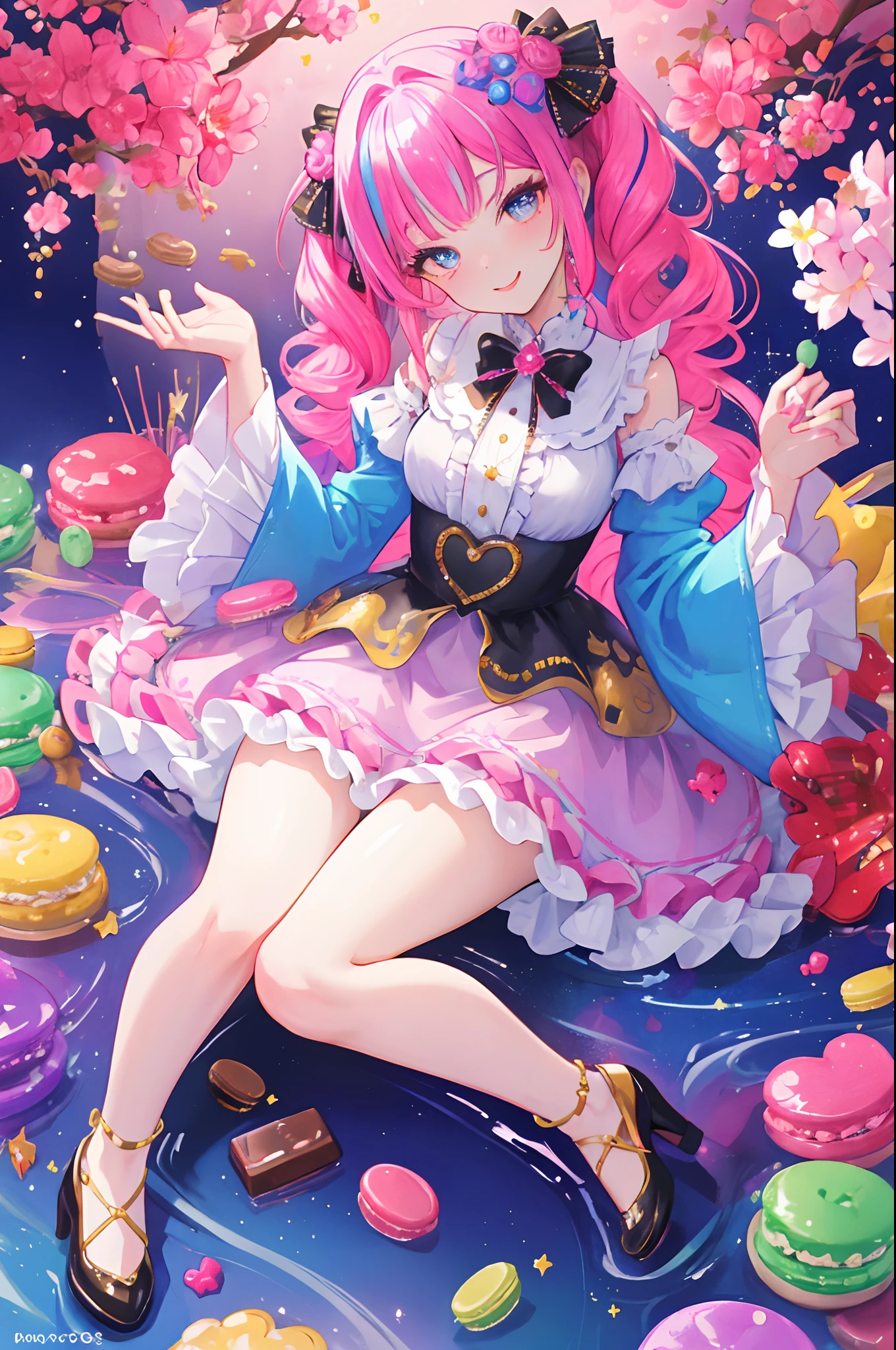 (Masterpiece, Best Quality), highres, Manga, (2d), (Traditional Media:1.2), official art 1woman, (solo), dynamic, portrait, retro artstyle, a cartoon character on a colorful background sitting on a delicious drizzling cake, (on a base), art by ro_g_(oowack), wide shot, (mature female:1.2), fire emblem heroes, [outline], (upper body:1.2), Raspberry rose hair, Spanish pink eyes, (detailed deep eyes), , half-closed eyes, (tsurime), (lips, nose, long face:1.2), (aged up:1.2), elegant, curvy, [tall female], medium breasts, very long hair, (long sidelocks), fringe trim, sitting, alternate hairstyle, expressive, Ayami Kojima, light smile, flirting, translucent skirt, appliques, candy trim, bubblegum, blush, surprised, treats, chocolate bar, high detail illustration, lineart, space art, pool of honey and syrup, [confetti], ice cream, candy_hair_ornament , wrapped candy, sweet, gelatin, bow, hair clip, v-line (Midi dress), adapted costume, frills, cute fantasy, shiny, cinematic lighting:1.1, scenery, (glaze), high heel boots, lace trim, contrast, extremely detailed, intricate, (Details:1.2), Clothing style,  Clothing print, (alternate costume:1.1), (full body), (transparent background:1.2), floating particles, pop art, art deco,  <lora:stylized3DModelLora_v10:0.5>