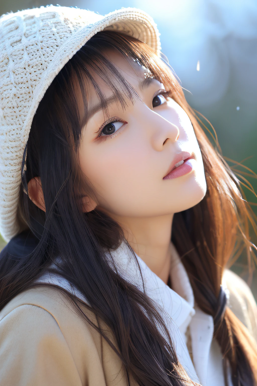 ((top-quality、8k、masuter piece:1.3))、(Beautiful, realistic Japan people),1 female、Winter coat、(爆乳:1.2)、muffler、Yarn hat、gloves、hyperdetailed face、High detailed lips、A detailed eye、二重まぶた 、snowflakes falling、White breath、sideways Facing、look up sky、large tree、naturey、kou、a white world、White sweetheart、love letter