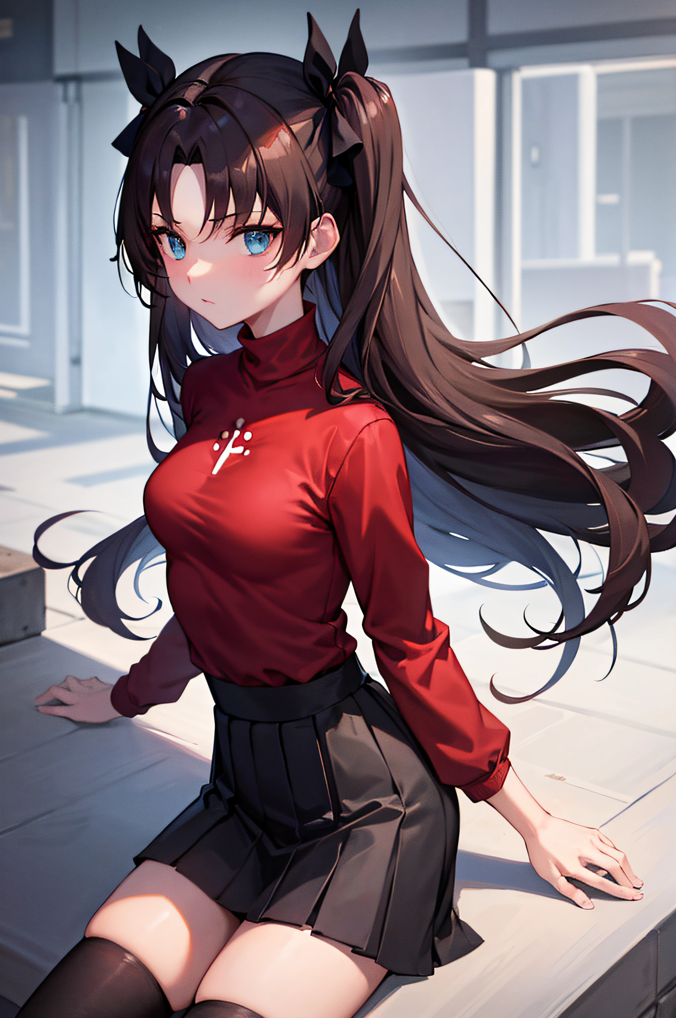 (masterpiece), best quality, expressive eyes, perfect face, 1girl, solo, rintohsaka, rin tohsaka, aqua eyes, black hair, hair ribbon, long hair, ribbon, sidelocks, two side up, black skirt, black thighhighs, long sleeves, miniskirt, pleated skirt, ((red sweater)), skirt, sweater, thighhighs, turtleneck, city background, sitting, character sheet, upper body, portrait, looking at viewer