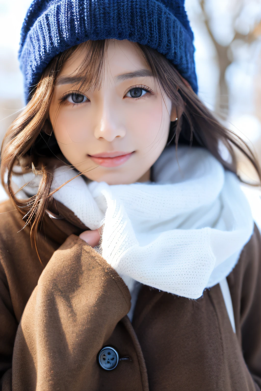 ((top-quality、8k、masuter piece:1.3))、(Beautiful, realistic Japan people),1 female、Winter coat、(爆乳:1.2)、muffler、Yarn hat、gloves、hyperdetailed face、High detailed lips、A detailed eye、二重まぶた 、snowflakes falling、White breath、sideways Facing、look up sky、large tree、naturey、kou、a white world、White sweetheart、love letter