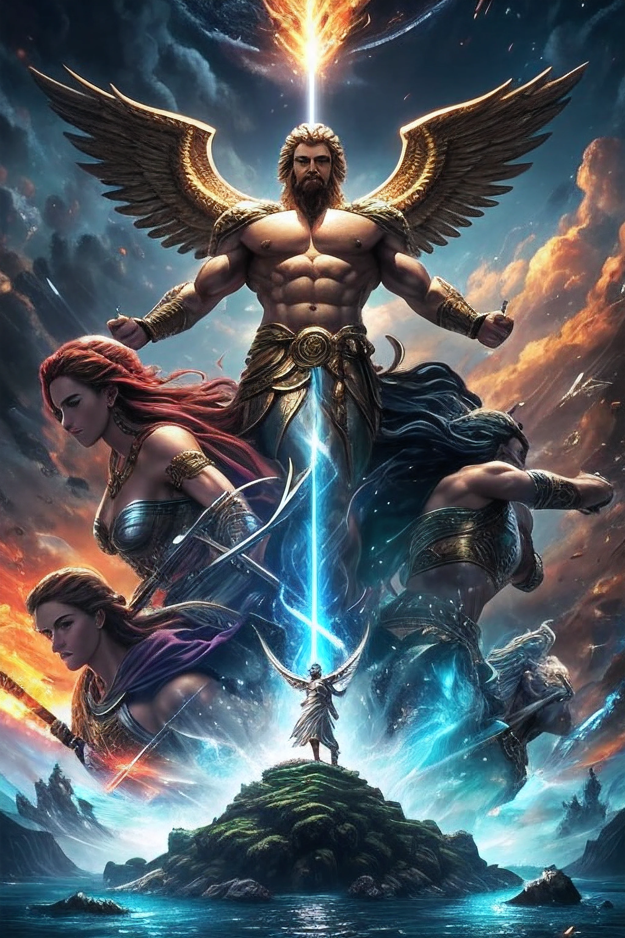 best quality,4k,highres,masterpiece:1.2),ultra-detailed,(realistic:1.37),battle of the gods,Zeus,Poseidon,Hera,Aphrodite,other gods,levitating in the sky, epic scene, like a movie, (mythology: 1.1), (fantasy: 1.1), (action: 1.1), (dramatic: 1.1), (godlike powers: 1.1), (explosive: 1.1), (majestic: 1.1), (heavenly: 1.1), (godly: 1.1), (powerful: 1.1), (intense: 1.1), (grand: 1.1), (spectacular: 1.1), (outstanding: 1.1), (cinematic: 1.1), (vivid colors: 1.1), (dramatic lighting: 1.1), (dynamic poses: 1.1)