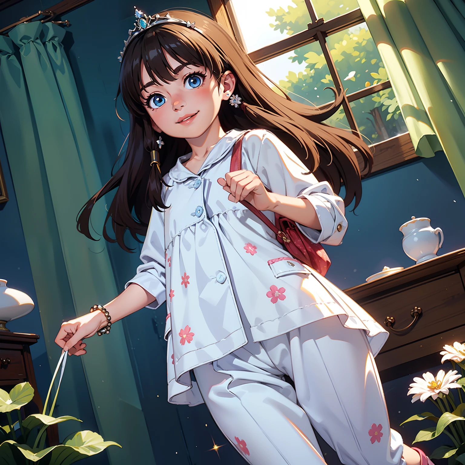 solo, happiness, joyful, Ultra-detailed, Photorealistic, vibrant colors, snowfield, snow, (lonesome cold (winter night) background), darkness, pines, bed, curtains, falling snowflakes, cute evil 1girl villain princess, grin, mean, standing, walking, ((flat chest)), skinny, very thin legs, anorexic, ((young)), (floral pajama set), (pajama pants made of silk), ribbon, shopping handbag, school bag, purse, brown hair, luxurious jewelries, expensive necklaces, pearls, pendants, bracelets, earrings, ((tiara)), (glowing shiny magical blue eyes), (looking down at viewer), hair ribbon, hair flower, (from below), (depth of field), cinematic lighting, close-up, masterpiece, (anatomically correct)