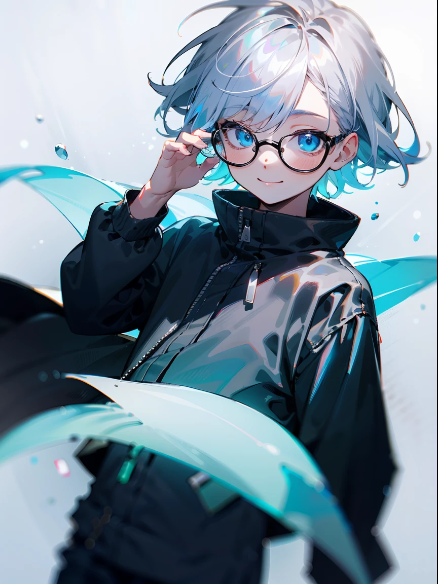 Male , Black glasses,blue eyess,Cowboy Shots,A smile, silber hair,Daytime,Iridescent background,