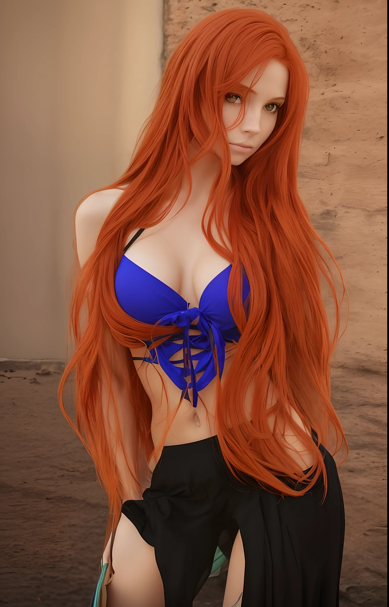 There's a woman with long red hair and a low-cut top, bare breasts, saia com fenda lateral mostrando as coxas, flowing red hair, longos ondulados brilhantes, foto de frente meio corpo, autumn scenario