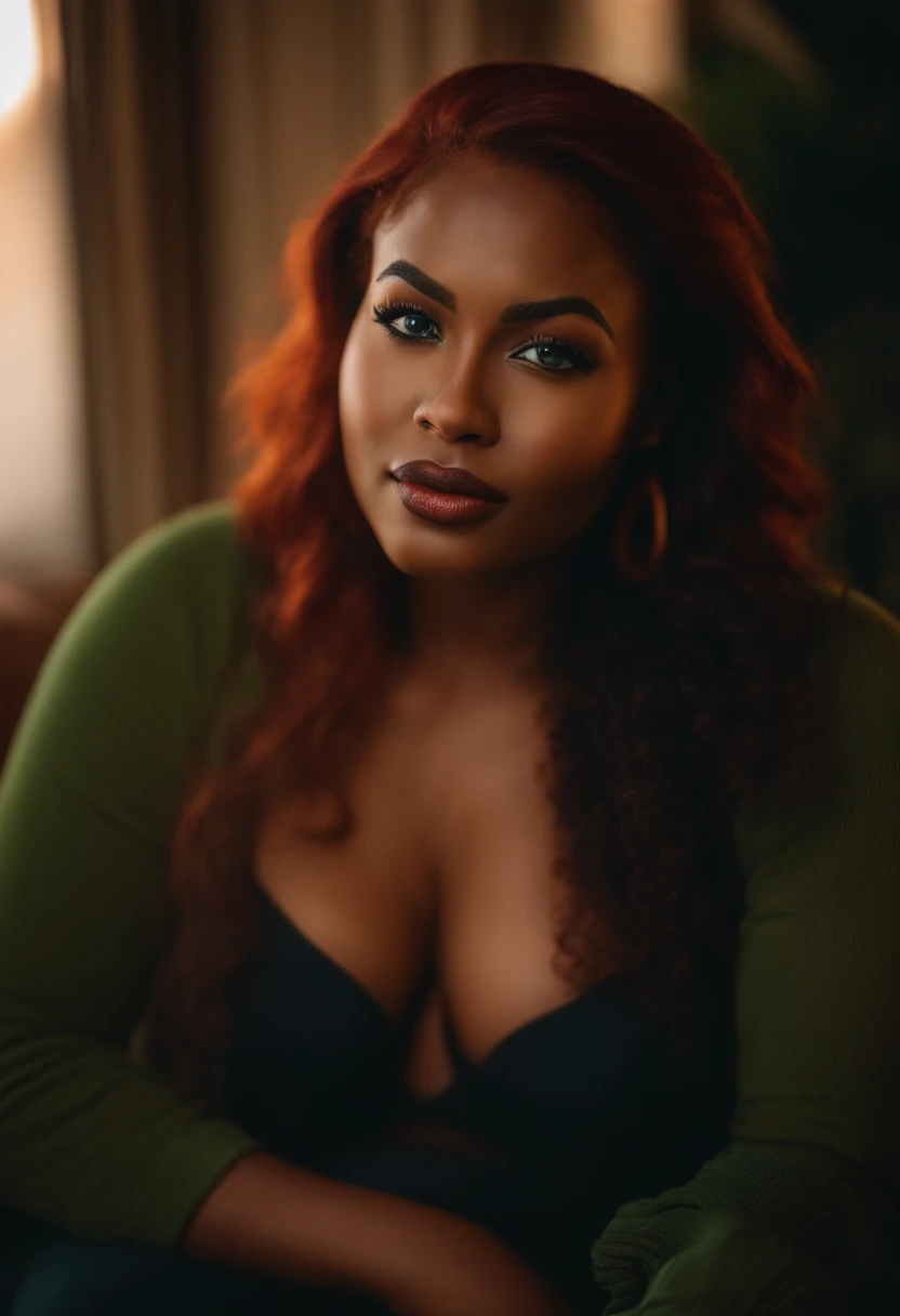 beautiful black gorgeous instagram model, young 27 years old, thick curvy,  caramel skin,  vibrant red hair, blue and green eyes, gorgeous facial features, vibrant red body wave hair, lingerie, radiant skin, soft lighting, diffused glow, most realistic, real quality, nikon d850, 85mm lens, high resolution