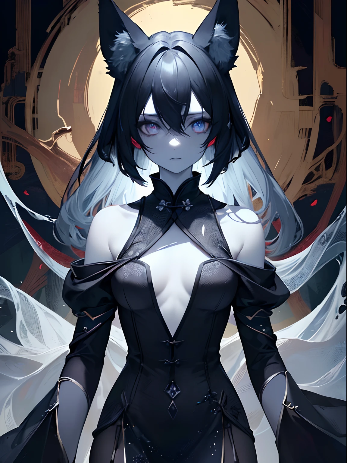 (masterpiece,best quality,ultra-detailed),1girl, black and dark blue hair,beautiful and detailed face, detailed eyes,looking at viewer, multicolored eyes,((grey theme),pale skin,fox ears,small chest ,glowing eyes,((night)),dark ambient,chinese dress, (((Fresco art style))),in a forest,fog,