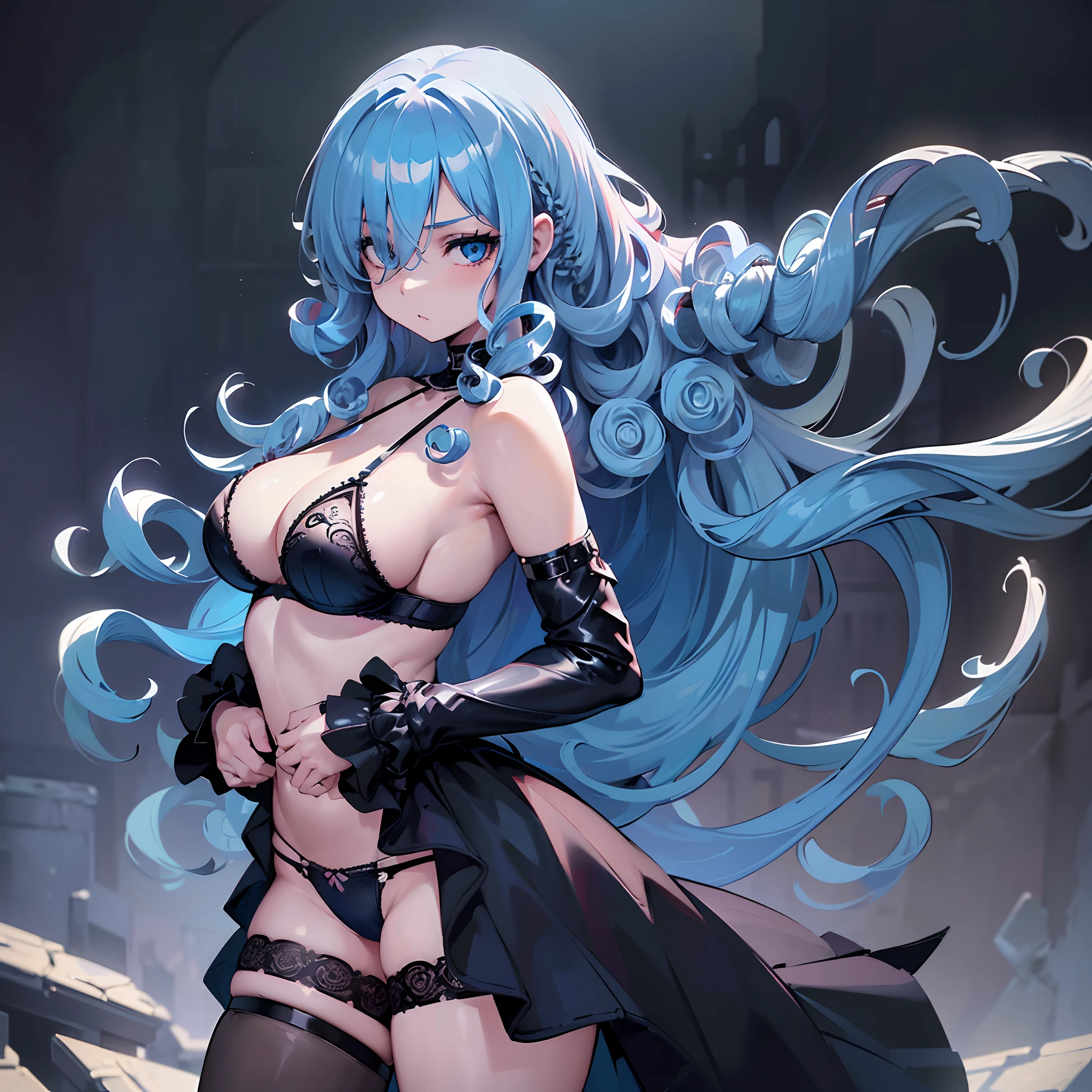 (highly detailed, high contrast, hd, masterpiece of best quality in high resolution), 1girl, pale skin, blue hair, (curly hair:1.5), blue eye color, ((hair over one eye)), small breasts, gothic architecture background, (underwear only), (black underwear), from behind, wide hips, butt, large butt, large ass, suggestive