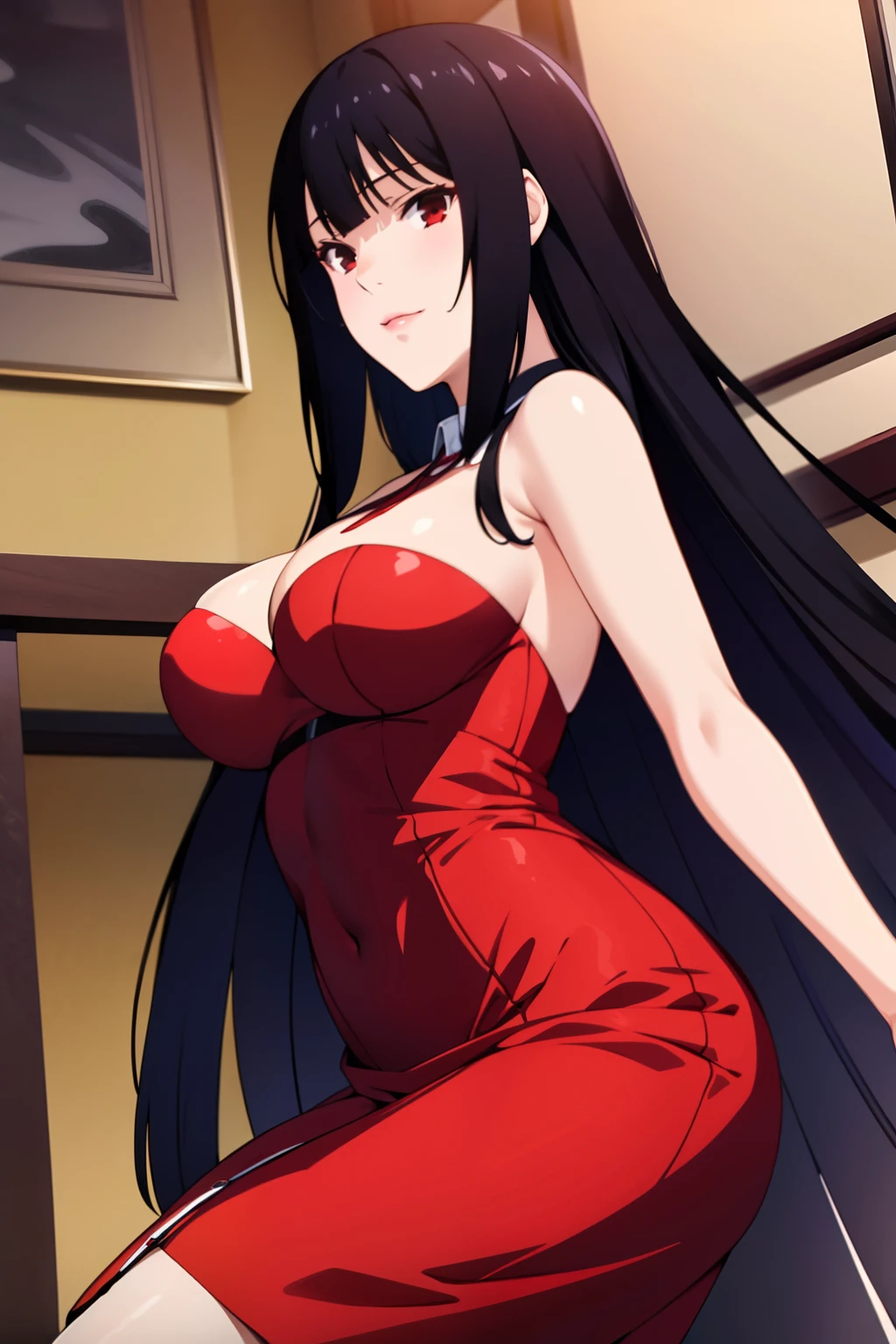 masterpiece, best quality, 1girl, solo, jabami yumeko, black hair, long hair, blunt bangs, red dress, night,