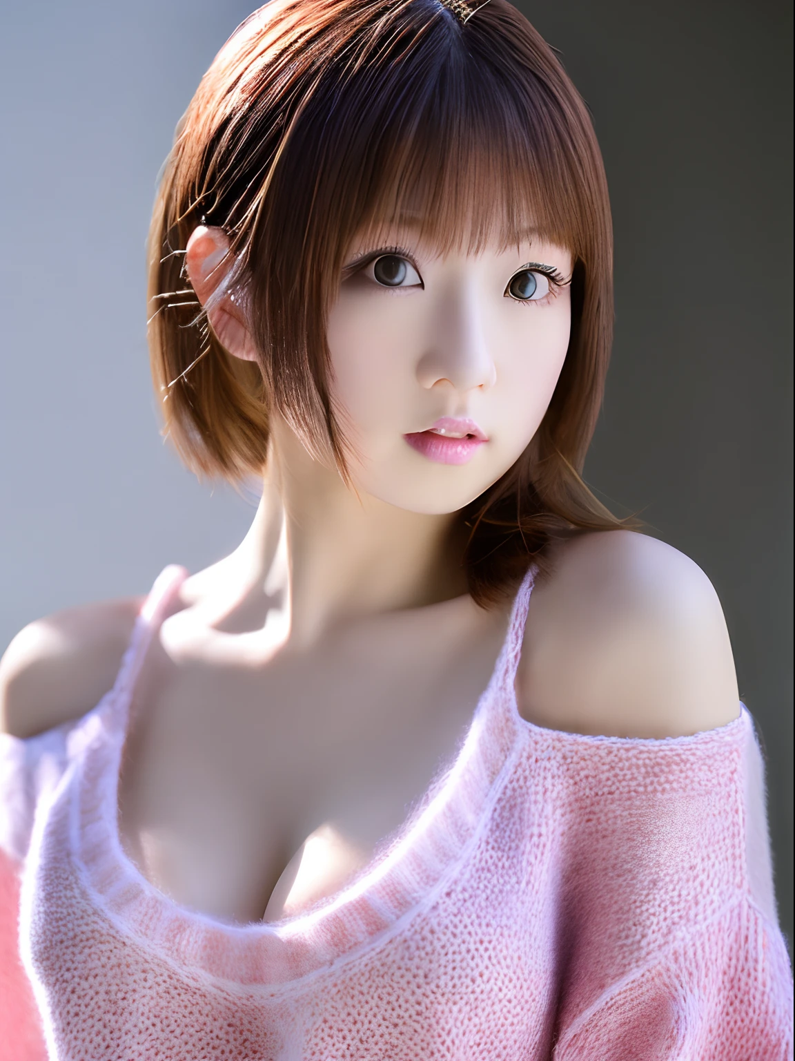 Best Quality, High resolution, extremely detailed photo, Full body, Professional Lighting, 1 girl, Solo, Japanese actressl, 20yr old, slender, detailed medium breasts, cleavage, beautiful detailed face and eyes, wide eyed, detailed shoulders, detailed bust, Bangs, (Off_Shoulder:1) , (Pale pink oversized_Sweaters:1.3), action, short brown hair