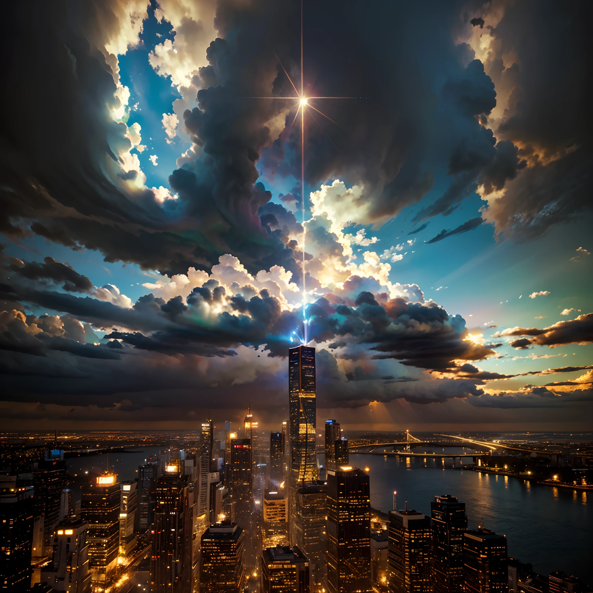 Un castillo en las nubes y un sol majestuoso, con aves y una cascada en las nubes (Fondo de pantalla 8k de la unidad CG extremadamente detallada), The most beautiful works of art in the world, Majestic Oil Painting Professional, intrincado, High detail, foco nítido, Dramatic and photorealistic painting art