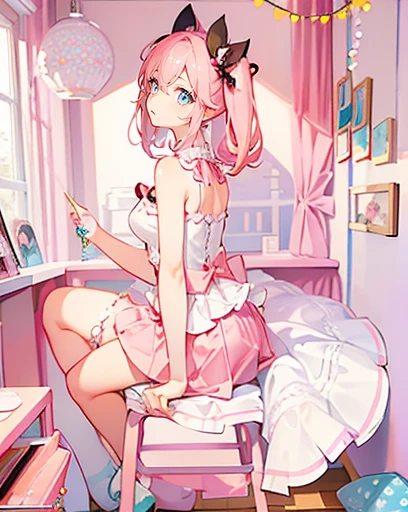 girl's own room、Lovely room、Cute Pink Chair、kawaii pose、Cute skirt、Fluttering、frilld、Twin-tailed、Magazine covers、lo fashion