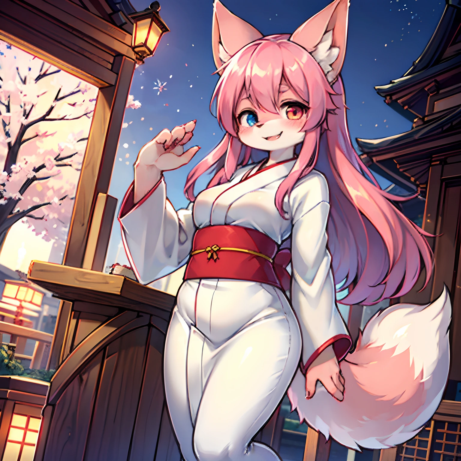 Absurd, furry, Female furry, a girl, Full body, けもの, fox tail(Dark pink tail.), Fox's ears(Dark pink ears.), Skin hair(Dark Pink), long-haired(Hair is straight and fluffy.), (pink hair), Heterochromia(One eye is red., One eye is blue.), red face, Big smile mouth, japan, shirt(white kimono), Watch the fireworks, front-view, Cherry trees, Tha Filed