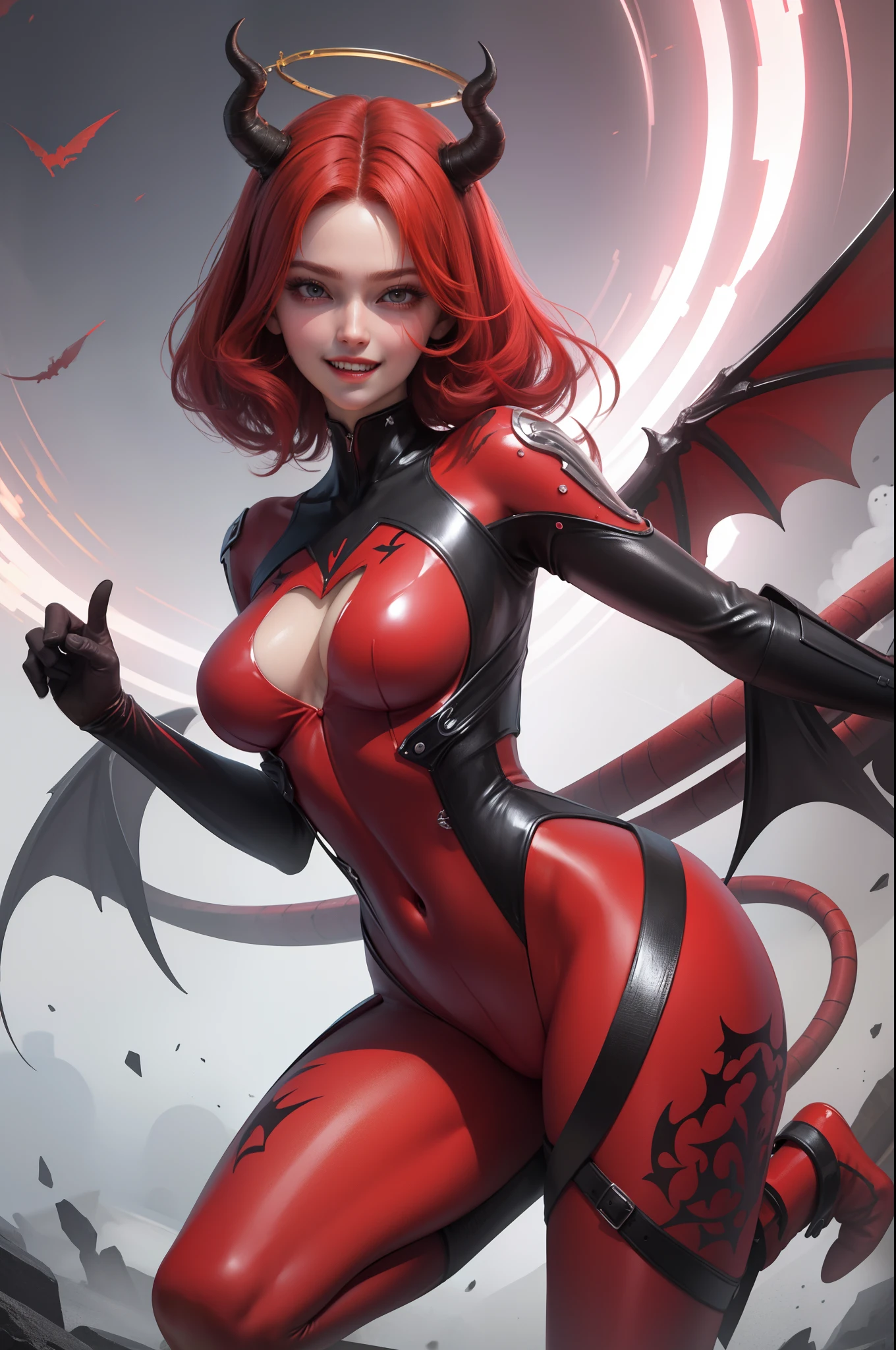((extreme detail)),(ultra-detailed),(painting), chiaroscuro, extremely detailed CG unity 8k wallpaper, best quality, red bodysuit, red halo, (red skin), horns, shedevil, succubus, evil smile, smiling, red bat wings, red devil tail, fangs,
