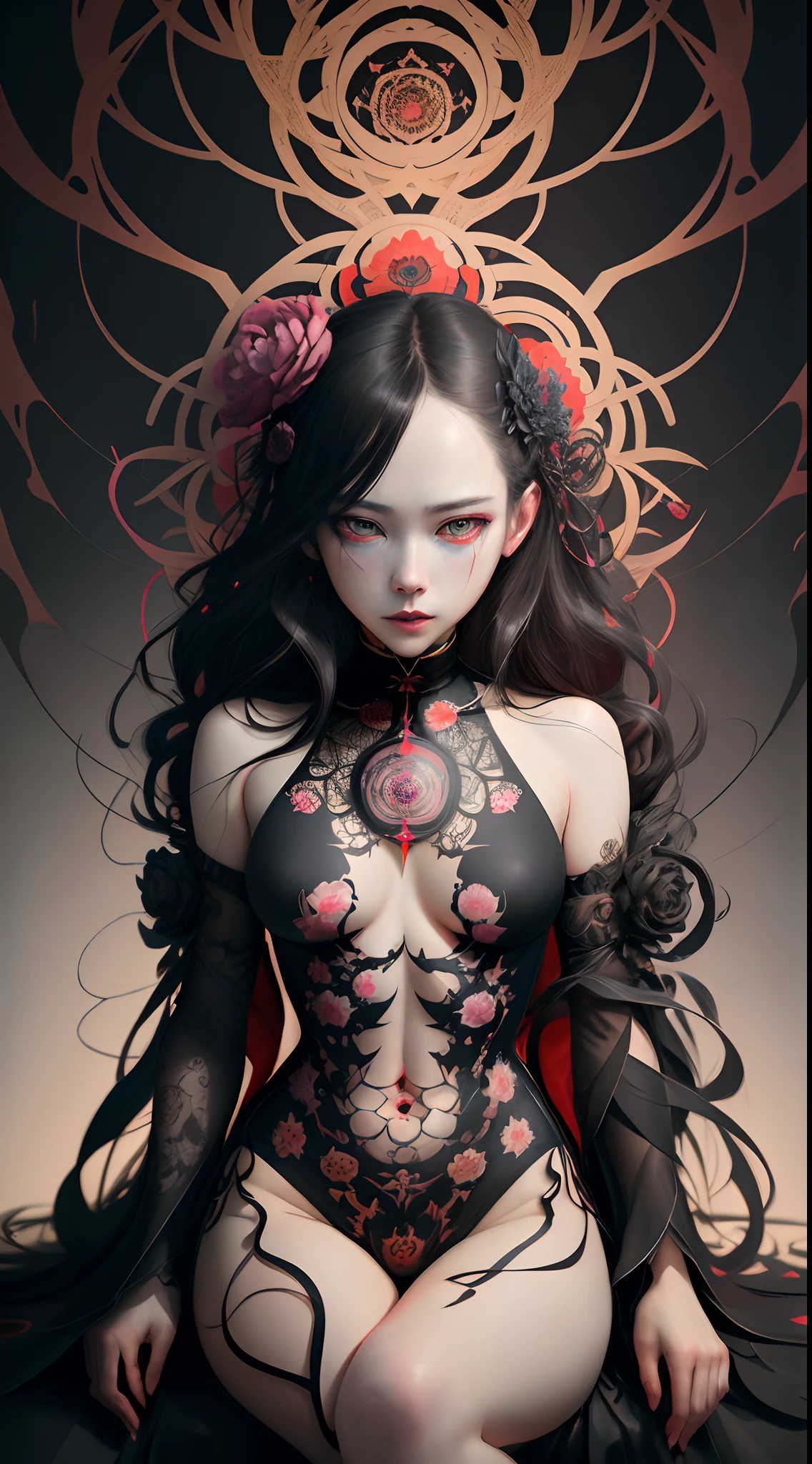 official arts, Unity 8k壁纸, Ultra Detailed, beautiful and aesthetic, Masterpiece, Best Quality, chinese style, (zentangle, a Mandala, tangle, entangle), ecstasy of flower, 1girl, Extremely detailed, Dynamic Angle, cowboyshot, Most Beautiful Form of Chaos, elegant, a brutalist designed, bright colours, romanticism, James Jean, roby dwi antono, by Ross Tran, francis bacon, michal mraz, adrian ghenie, petra cortright, gerhard richter, takato yamamoto, ashley wood, atmospheric