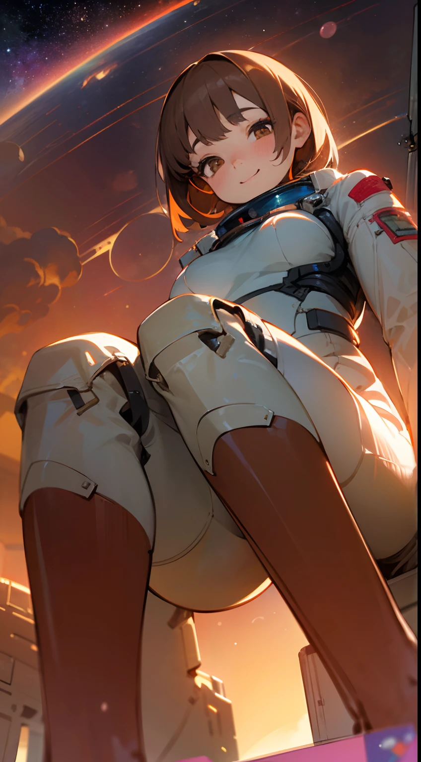Best quality, masterpiece, 16K, high resolution, concept-art, (from below:2.0), Lo angle shot, 3 girls in, (sitting), blush, Brown eyes, brown bob hair, (space suit : 1.4), plump breast, smile, Looking at viewer, sunset ,