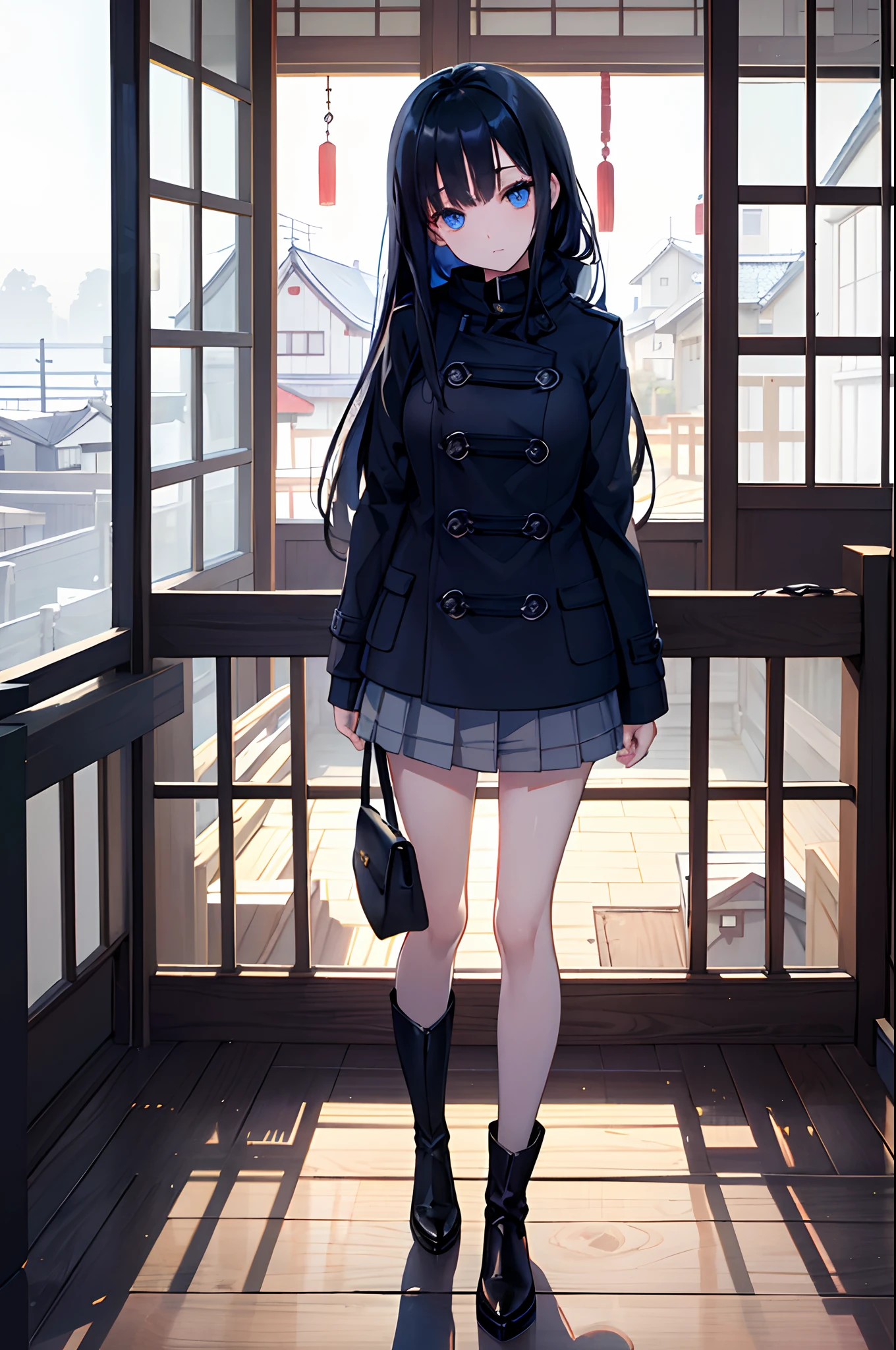 A dark-haired blue eyess a miniskirt Sweaters coat long boots Japanese houses in a house Cuddle the cat masterpiece Top image quality Clear Parts Cinematic Shadows Increased attractiveness of the eyes Clear the shine of the eyes Draw eyelashes neatly Perfect Eye A detailed eye Sharpen image quality Sharpen eye writing Clear eye shape