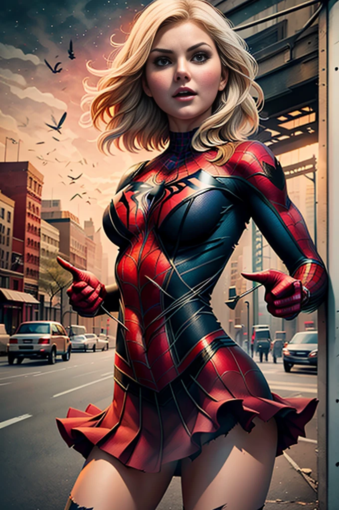 Elisha Cuthbert、Sticking out the navel、newyork、She wears a torn Spider-Man suit,wearing skirt、 Red and black color scheme,Dynamic、​masterpiece、top-quality、ultra-detailliert、ighly detailed、beautiful detailed brilliance、超A high resolution