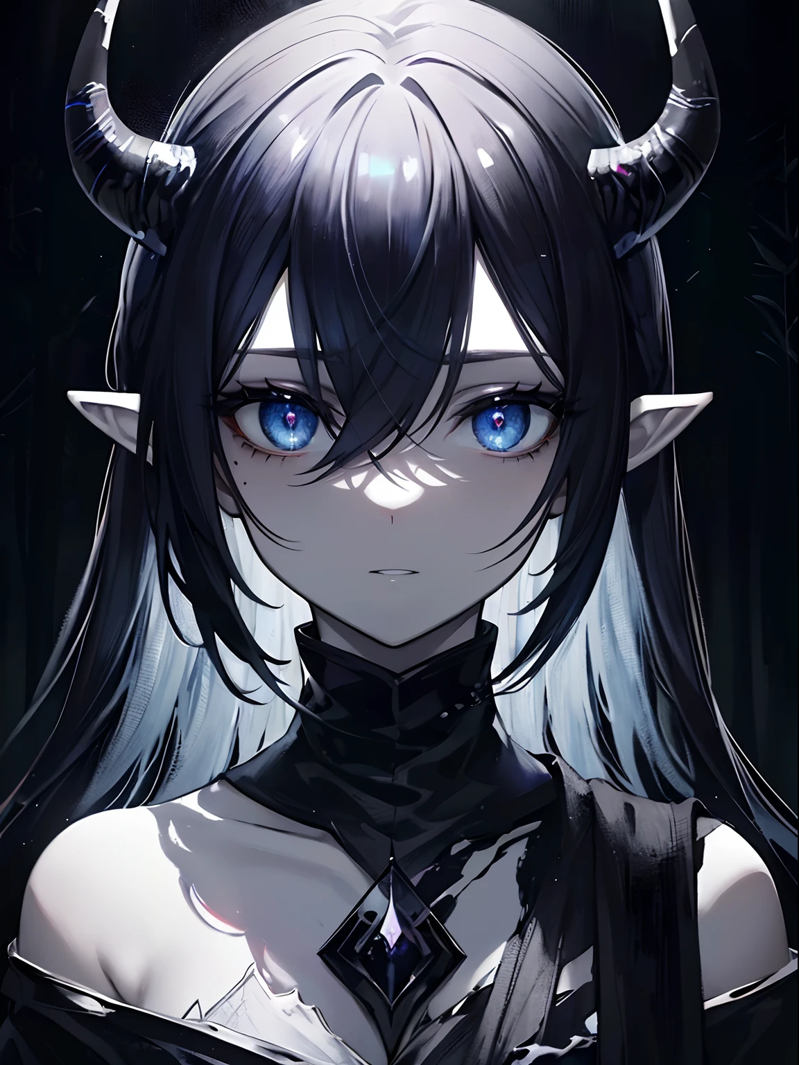 (masterpiece,best quality,ultra-detailed),1girl, black and dark blue hair,beautiful and detailed face, detailed eyes,looking at viewer, multicolored eyes,((grey theme),pale skin,oni horns, pointy ears,glowing eyes,((night)),dark ambient, (((Fresco,Fresh Painting))),in a forest,fog