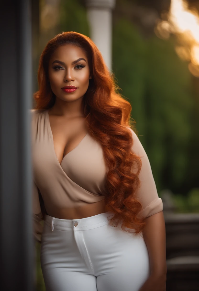 beautiful black and irish gorgeous instagram model, young 27 years old, caramel skin, vibrant red hair, blue and green eyes, gorgeous facial features, vibrant red body wave hair, wearing white lingerie, radiant skin, soft lighting, diffused glow, most realistic, real quality