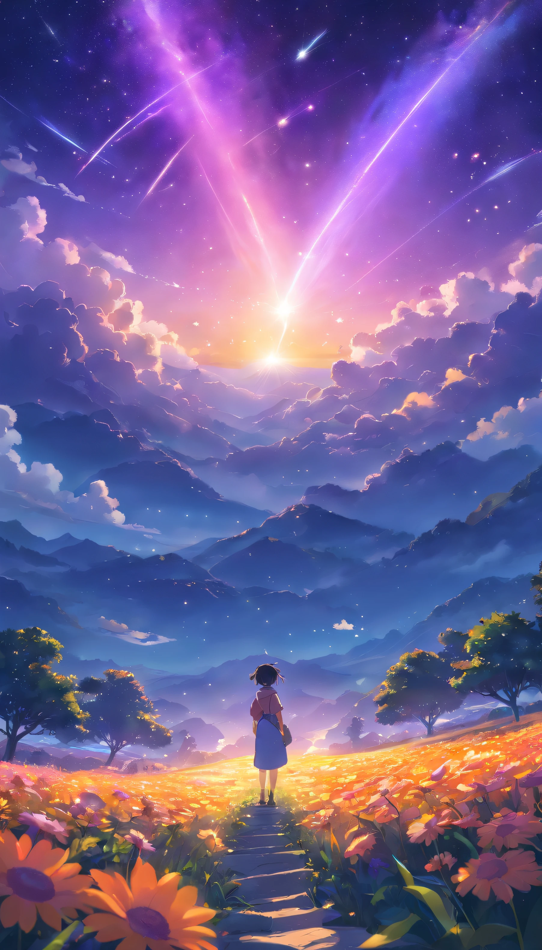 Vast landscape photos，（look from down，Above is the sky，Below are open fields），a girl standing on flower field looking up，（moon full：1.2），（meteors：0.9），（Starcloud：1.3），Far Mountain, Tree BREAK making art，（Warm light source：1.2），（glowworm：1.2），lamp lights，lots of purples and oranges，intricately details，Volumetric lighting BREAK（tmasterpiece：1.2），（best qualtiy），4K，ultra - detailed，（dynamic compositions：1.4），Plenty of detail，plethora of colors，（Irridescent color：1.2），（with light glowing，Atmospheric lighting），dream magical，magical，（独奏：1.2