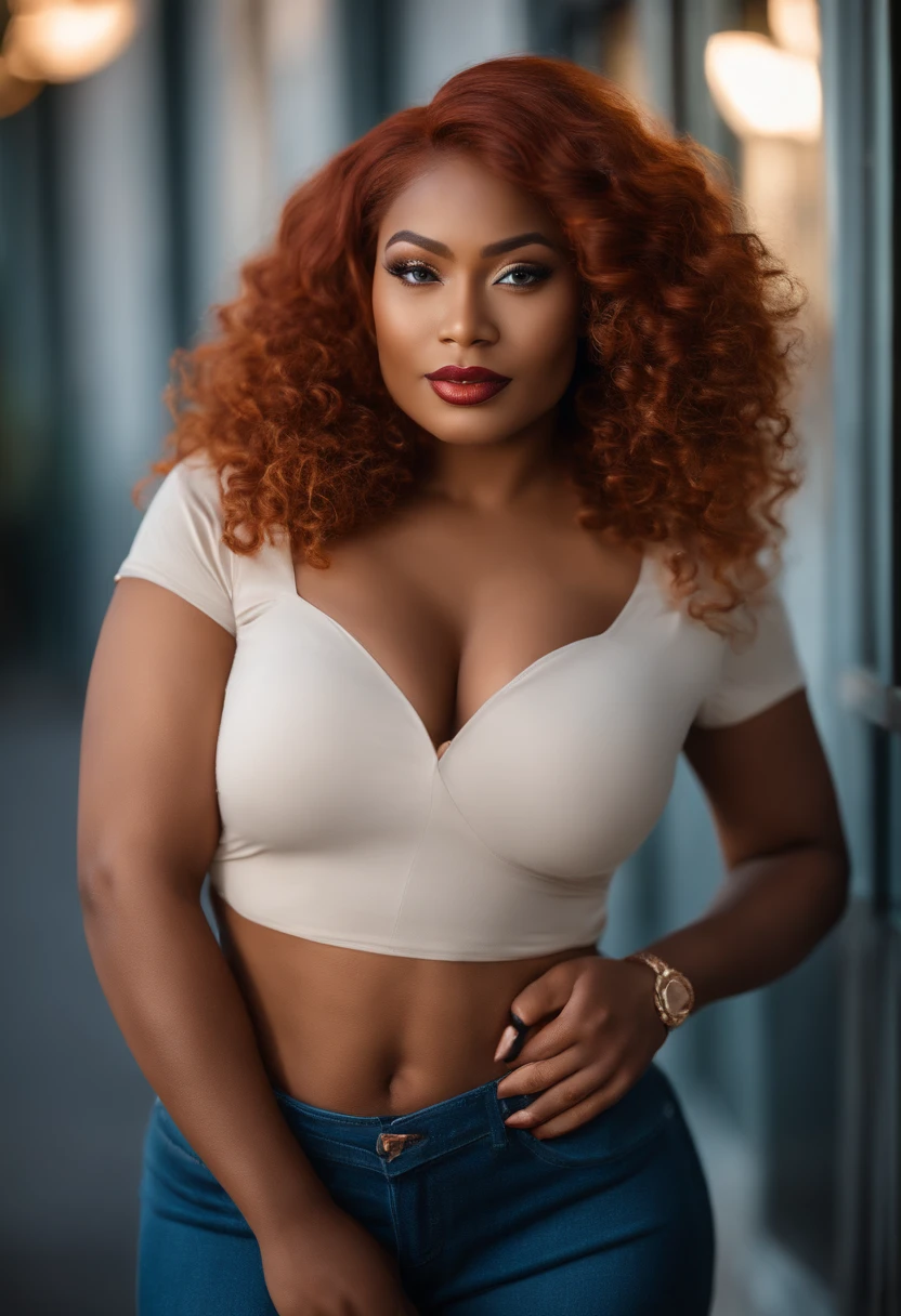 standing, strap slip, bare shoulders, buttocks, thighs, collarbone, navel, curly hair, short hair, brown hair, orange eyes, freckles, grin, simple background, massive breasts, dark skin, cute, huge thighs, voluptuous, thick lips, seductive, white bra, black and blue jacket, open jacket, choker