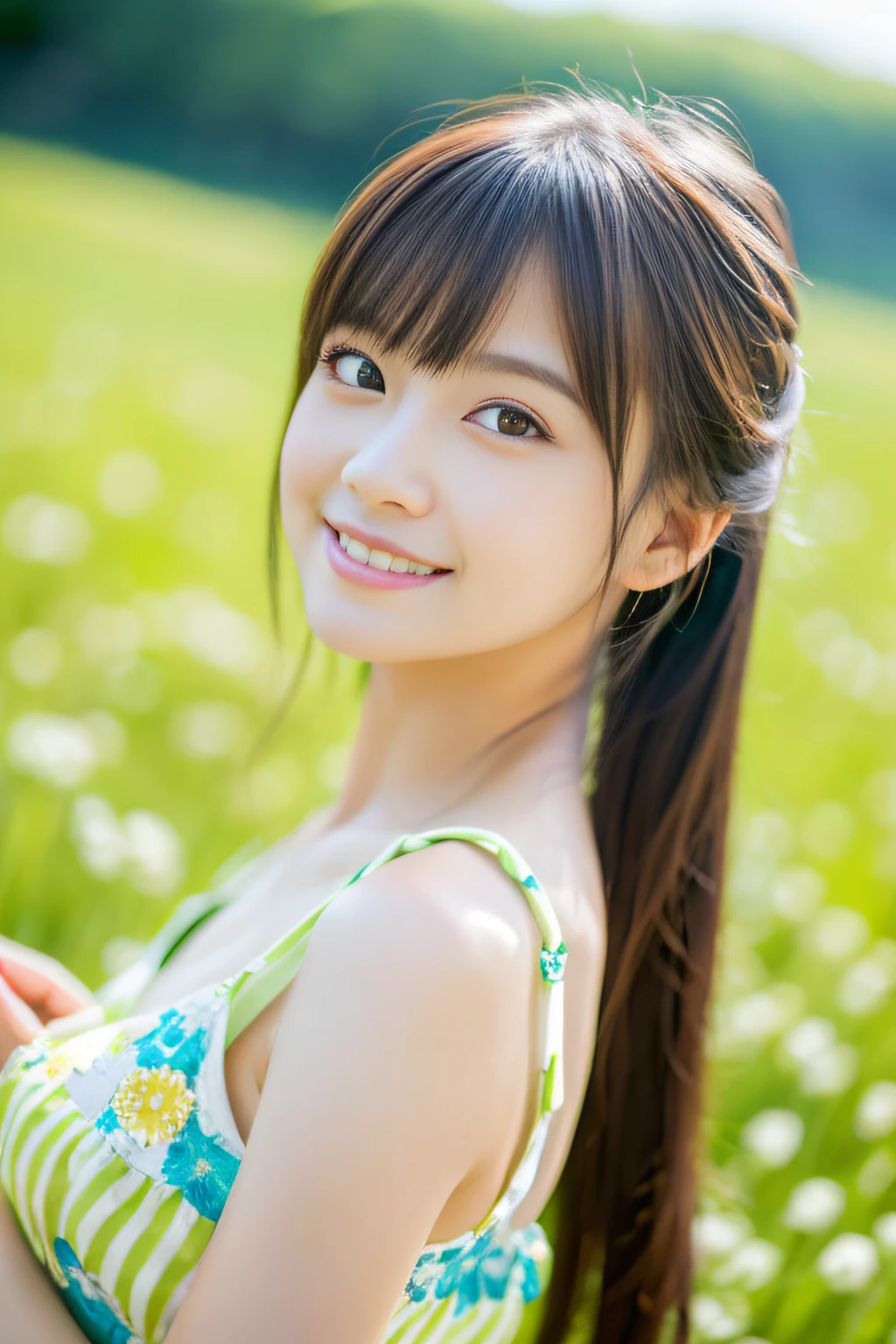 (Best Quality,8k,Absolutely beautiful:1.2)、(cute Japanese girls:1.8、Perfect gravure idol),(爆乳),With dandelions、Green world、spring breeze、