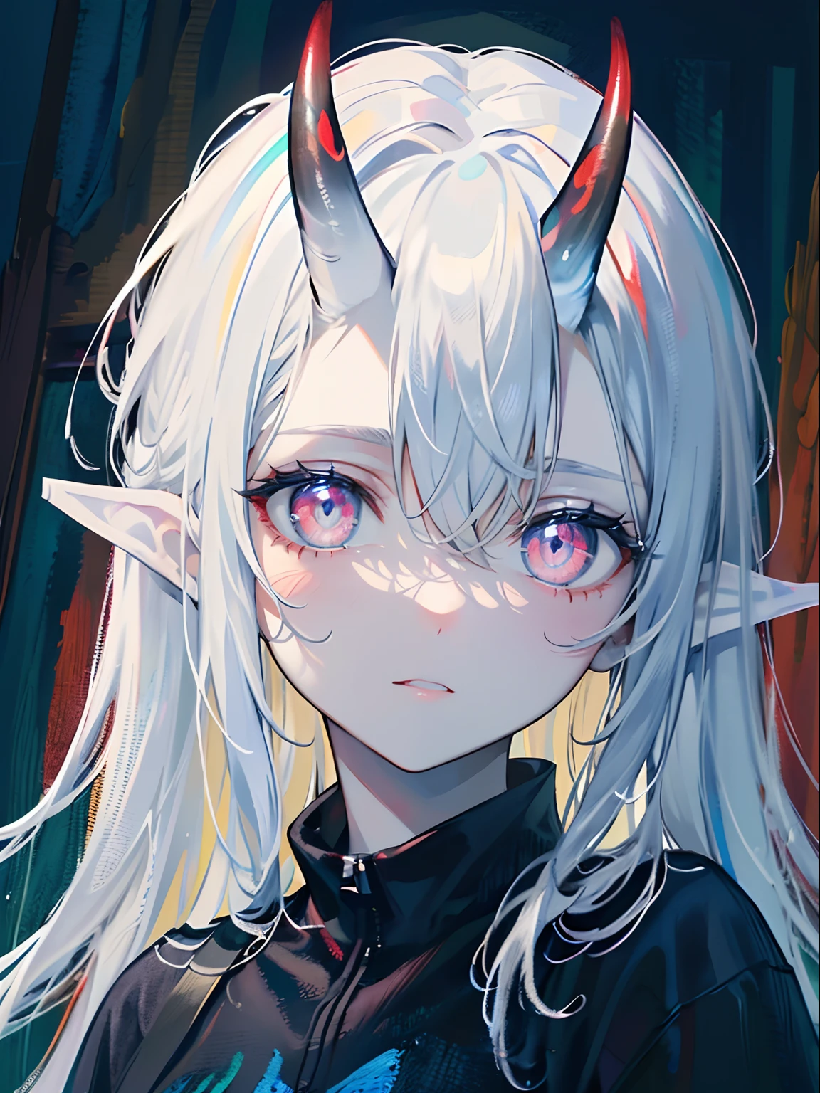(masterpiece,best quality,ultra-detailed),1girl, black and dark blue hair,beautiful and detailed face, detailed eyes,looking at viewer, multicolored eyes,((grey theme),pale skin,oni horns, pointy ears,glowing eyes,((night)),dark ambient, (((Fresco,Fresh Painting))),in a forest,fog