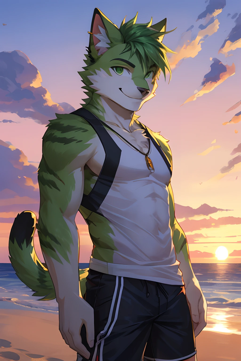 (Best Quality), 1Male, Adult, Anthropomorphic Green Feline Cat, Green Eyes, Green Furs, Green Medium Hair, Beach Outfit, Body Fit, Short Pants, Good Looking, Smiling, Cool Pose, Sunset Background.