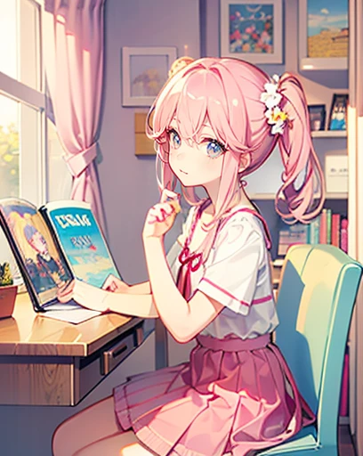 girl's own room、Lovely room、Cute Pink Chair、kawaii pose、Cute skirt、Fluttering、frilld、Twin-tailed、Magazine covers、lo fashion