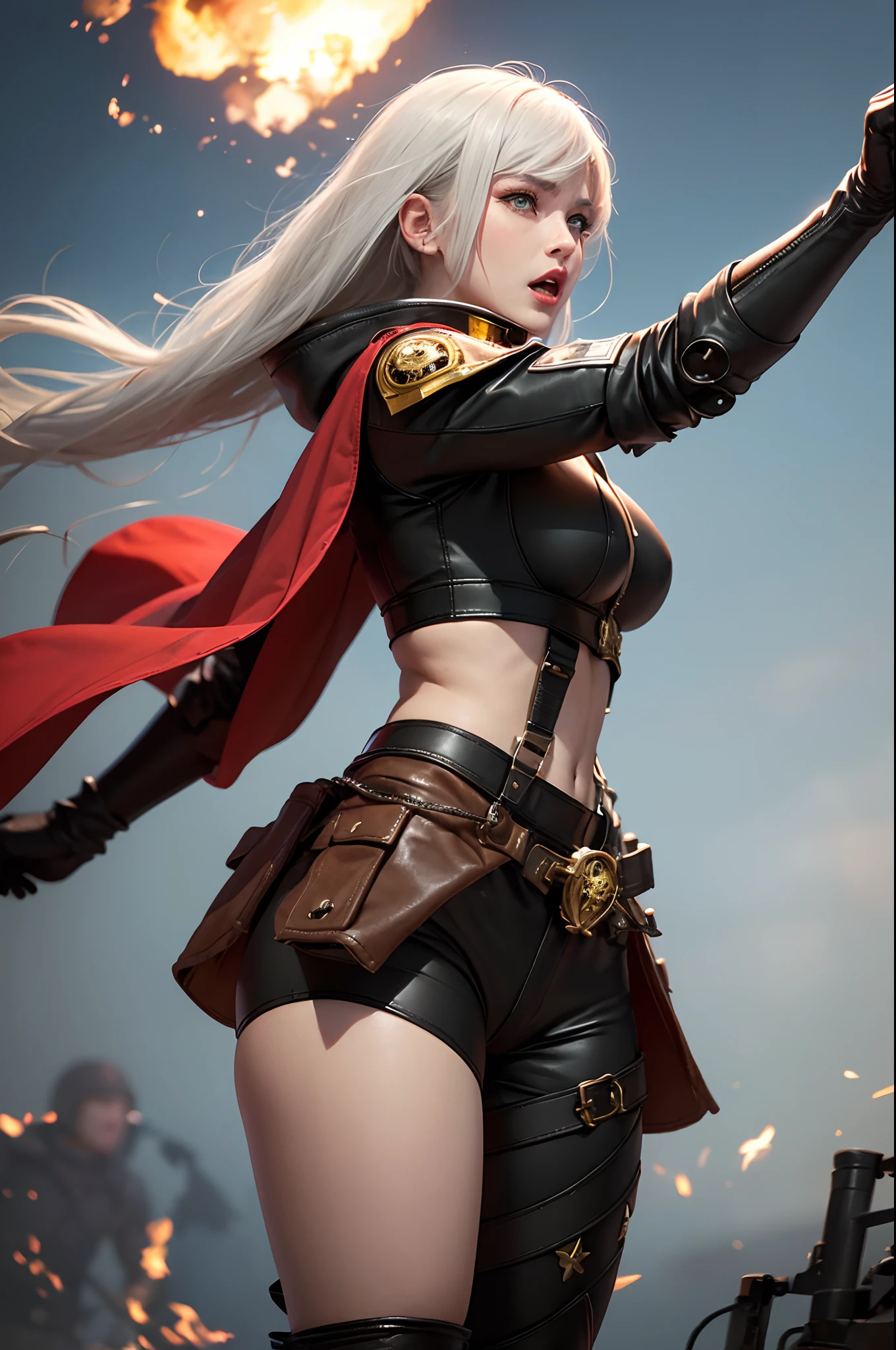 (Highest image quality, outstanding details, ultra-high resolution), 1 girl, suit((futuristic military outfit, adepta sororitas, military harness, military gears such as pouches)), (glamour body, curvy body, buffed and muscular body, tight abs, ), background(warfare background including explosion and flame), (open mouth and shout out for war cry, angry expression, aggressive expression, pointing to a direction, advancing forward, dynamic pose), white hair, cowboy shot, low angle,