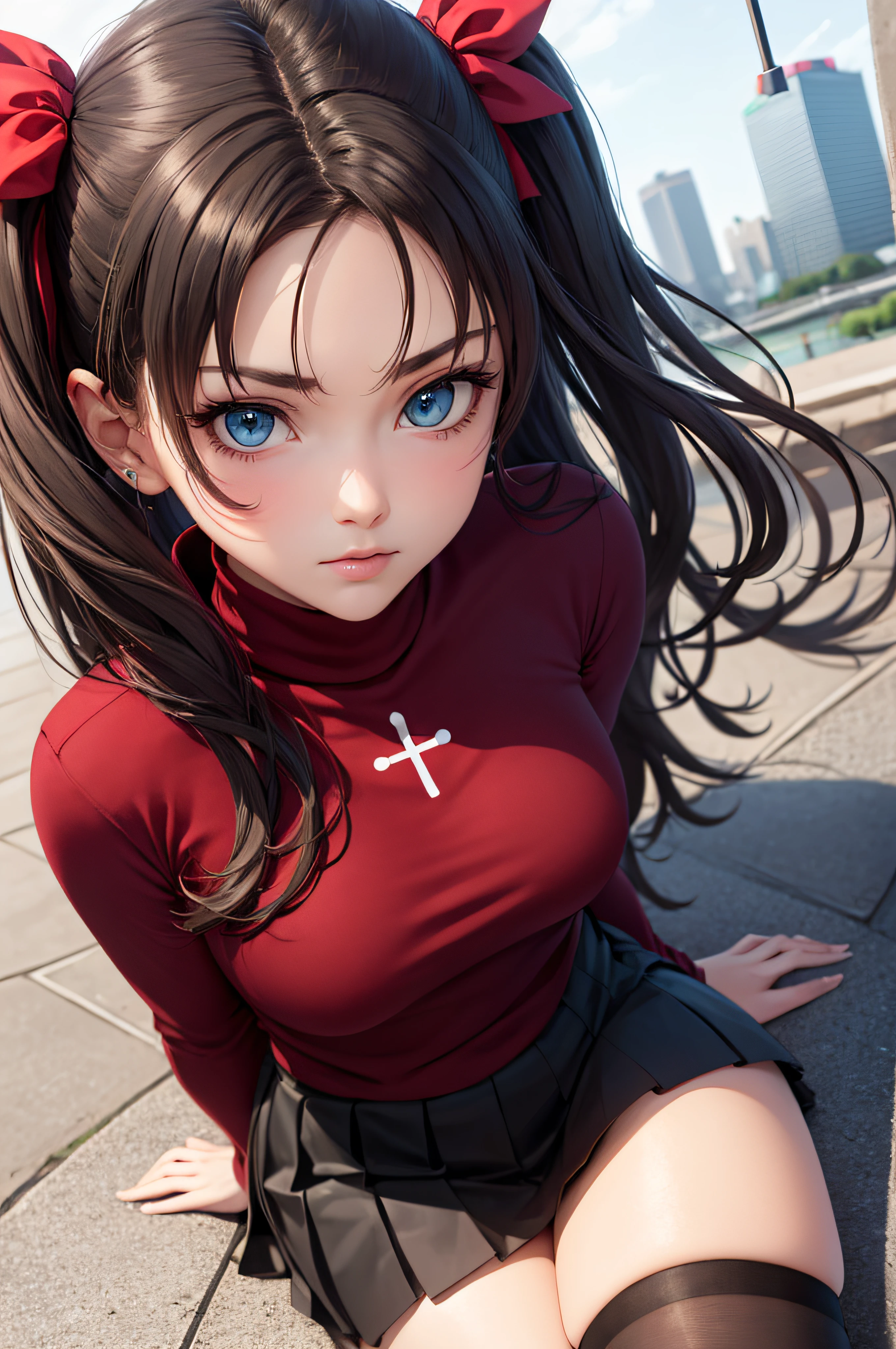 (masterpiece), best quality, expressive eyes, perfect face, 1girl, solo, rintohsaka, rin tohsaka, aqua eyes, black hair, hair ribbon, long hair, ribbon, sidelocks, two side up, black skirt, black thighhighs, long sleeves, miniskirt, pleated skirt, ((red sweater)), skirt, sweater, thighhighs, turtleneck, city background, sitting, character sheet, upper body, portrait, looking at viewer