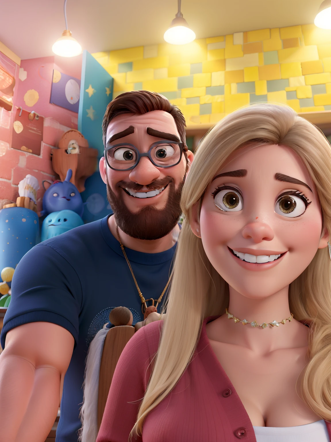 estilo disney pixar alta qualidade, casal homem moreno calvo, barba por fazer mulher loura