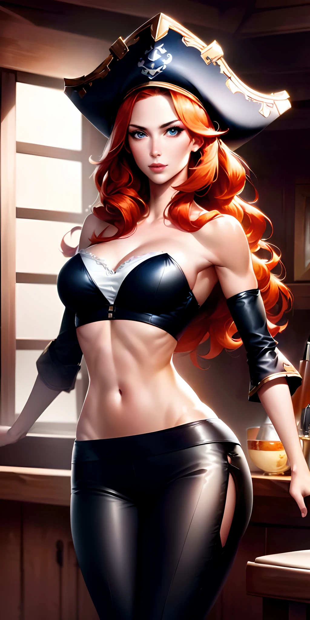 (masterpiece, best quality)1.5, 1girl, solo, (sexy, beautiful woman, perfect face, perfect eyes)1.5, (sarah fortune, miss fortune, black pants, knee-high boots, black midriff, cutlass sword, pirate hat, black bra, strap slip, bare shoulders, detached sleeves, wide sleeves, pants ), (standing inside the captain's room of a pirate ship)1.5, (orange hair, blue eyes), (medium breasts:1.5), (perfect female body:1.5), seductive smile, perfect lighting, smooth, hdr, 8k resolution,