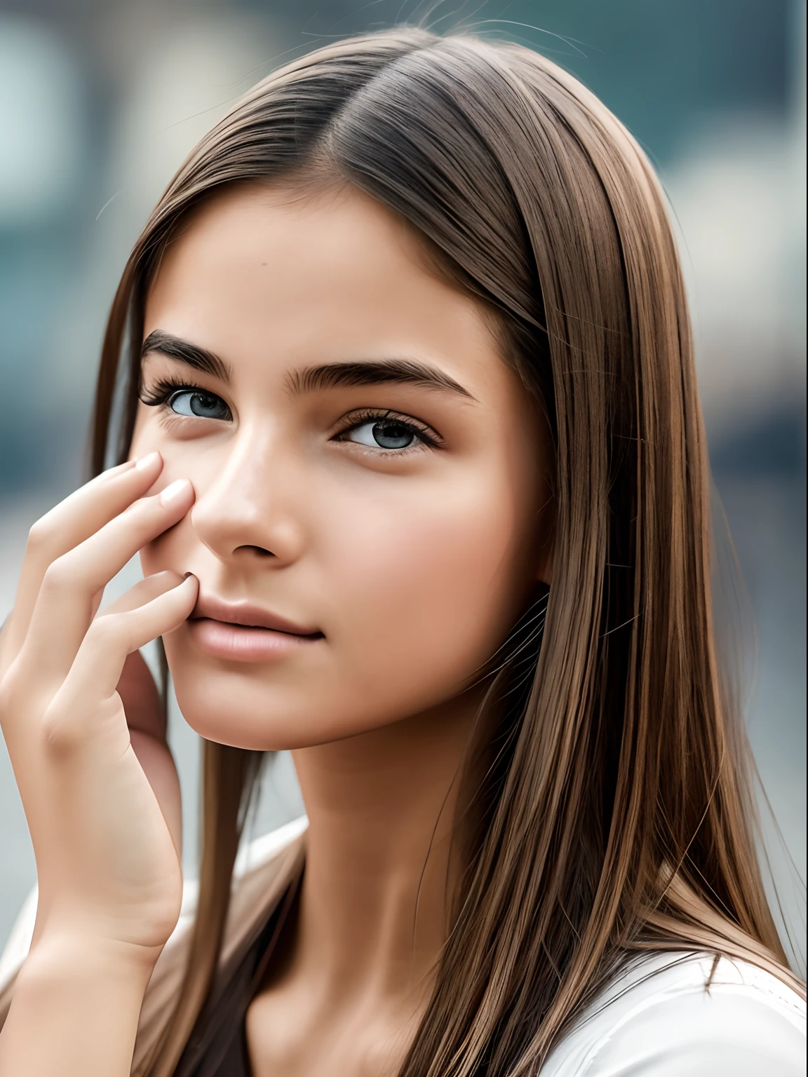 Photographic realistic style image in which a 20-year-old female model appears. The woman caresses her face, satisfied with the beauty of her skin. In the background you can see the pollution generated by the daily life of the city, the style is like a photograph taken with a reflex camera and is the style of the cover of a full-color magazine.