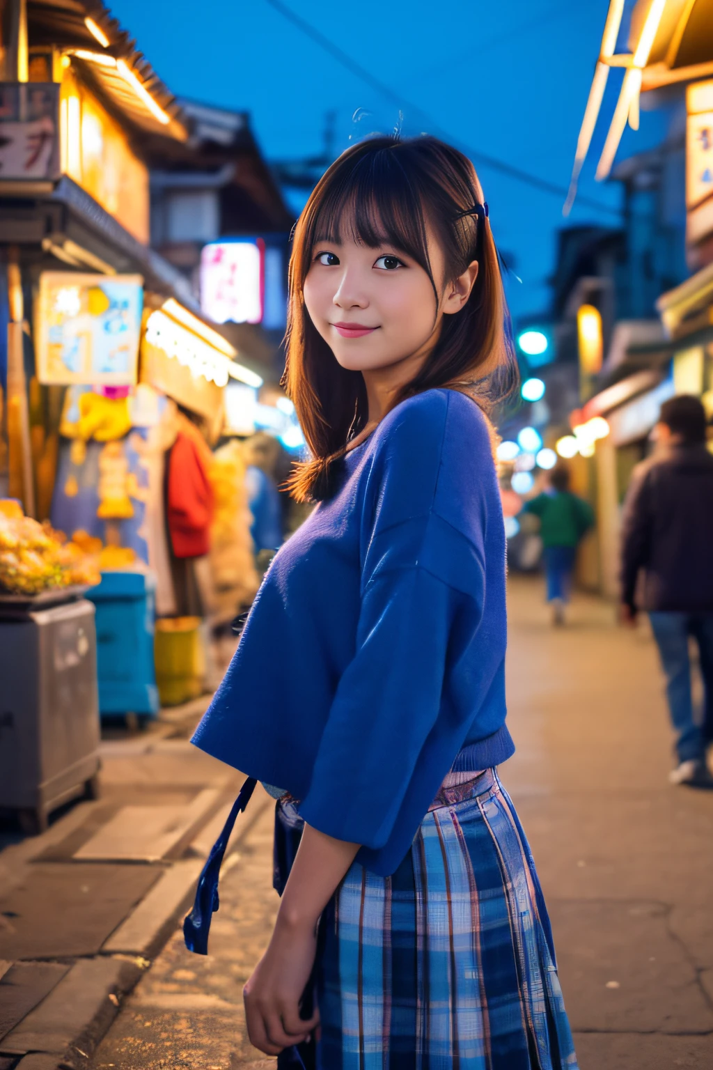 (Best Quality,8ｋ,Absolutely beautiful:1.2)、(cute Japanese girls:1.8、Perfect gravure idol),(爆乳),Woman in Fishing Port Market、Blue World、evening、ripple、Eventide、