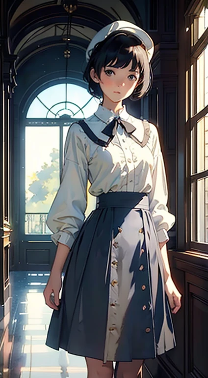 (Watercolor in Sargent style)、(top-quality、masterpiece)、(David Hamilton Style)、(softfocus)、Cinema Angle、ciinematic light、Soft light、1girl in、、A stunning、Short black hair、校服、long skirt、atlibrary、window、small tits、tiny chest、