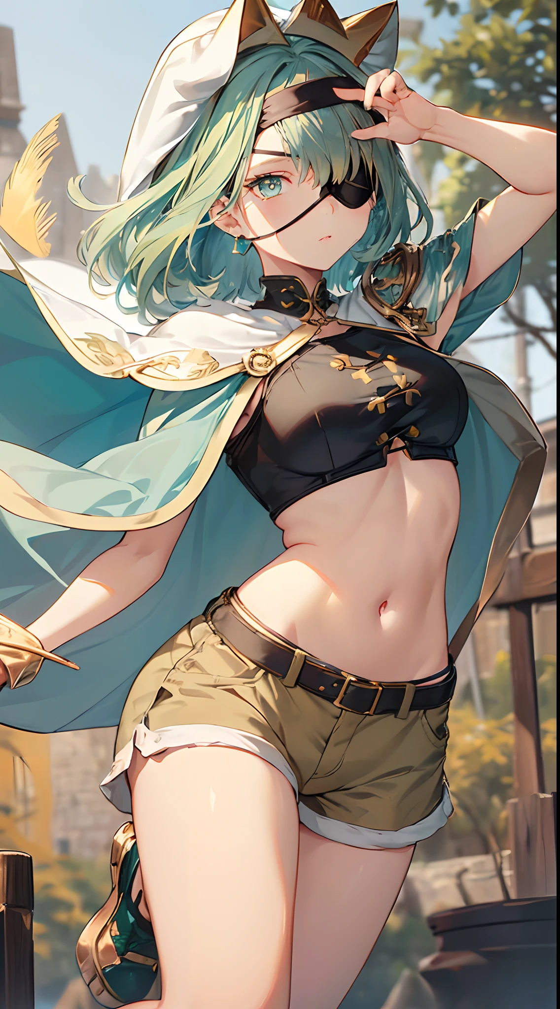 Solo,Absurd resolution、hight resolution、(masterpiece:1.4)、ultra-detailliert、(Detailed finger),(One girl)、((Beautiful detailed girl))、((A detailed face))、clear and beautiful, Character as the main point of view, Radiant skin, Girls, femele, 年轻, (Beige costume),((Eye patch over left eye:1.5))、(blue green hair)、,(Medium aquamarine color hair:1.4),(Habitual hair、short-cut)、(blue green hair:1.6),(Golden eyes:1.9),(Yellow eyes),kawaii、beautiful countenance、beautidful eyes,((thief))、Fantasy costume,Original Character,、(White cloak:1.3),((Costumes of medieval Europe)),,(Colossal tits:0.7), (Black crop top:1.5), (Holter shoulder:1.3),(Khaki shorts:1.3),,(Cape:1.3),(Facing:1.2),(Full body portrait),(Standing:1.3),(shoes on),Simple background、((white backgrounid)),(pointy ear),(elvish)