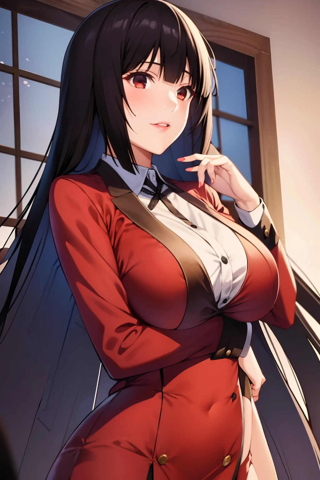 masterpiece, best quality, 1girl, solo, jabami yumeko, black hair, long hair, blunt bangs, red dress, night,