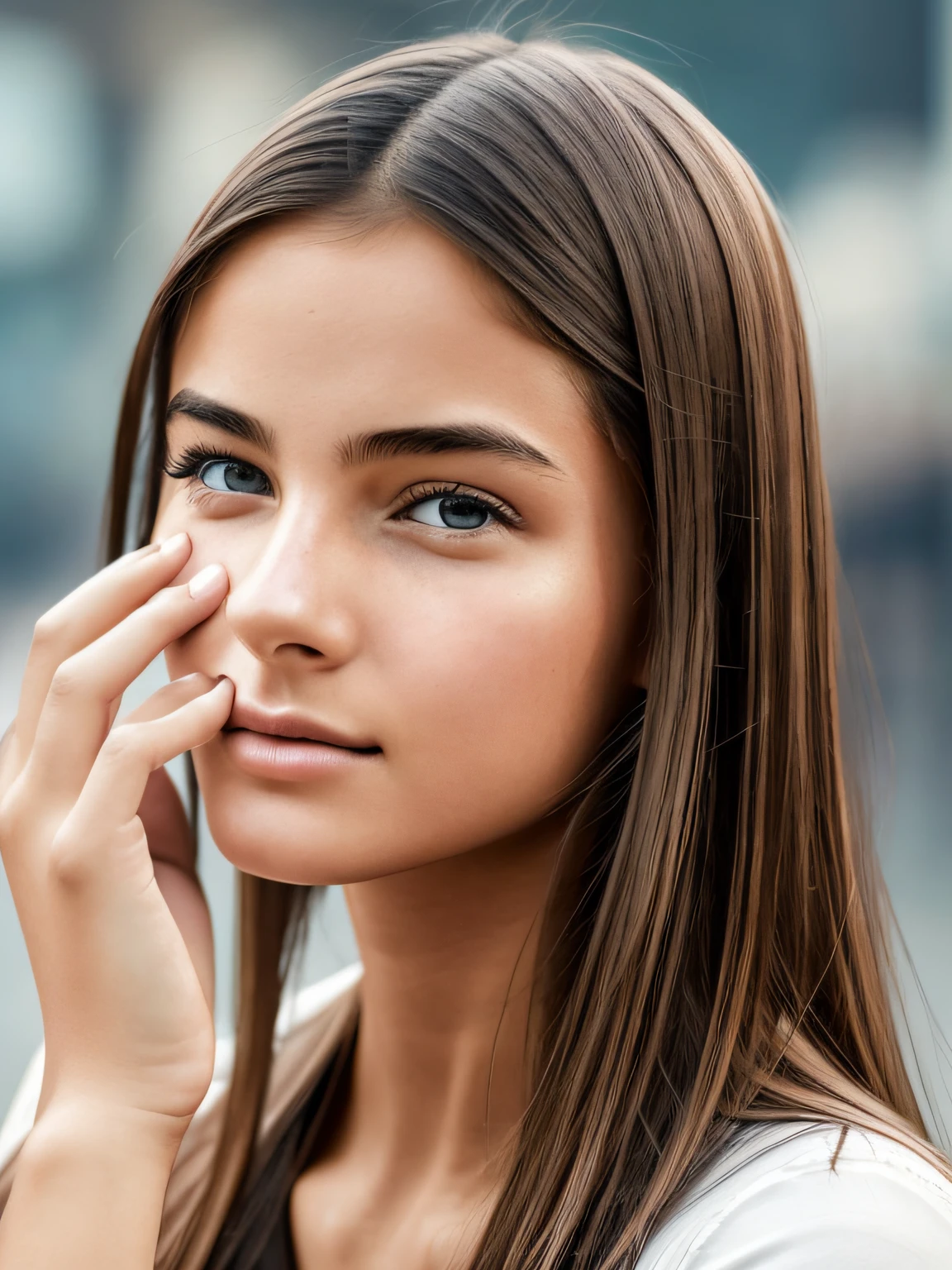 Photographic realistic style image in which a 20-year-old female model appears. The woman caresses her face, satisfied with the beauty of her skin. In the background you can see the pollution generated by the daily life of the city, the style is like a photograph taken with a reflex camera and is the style of the cover of a full-color magazine.