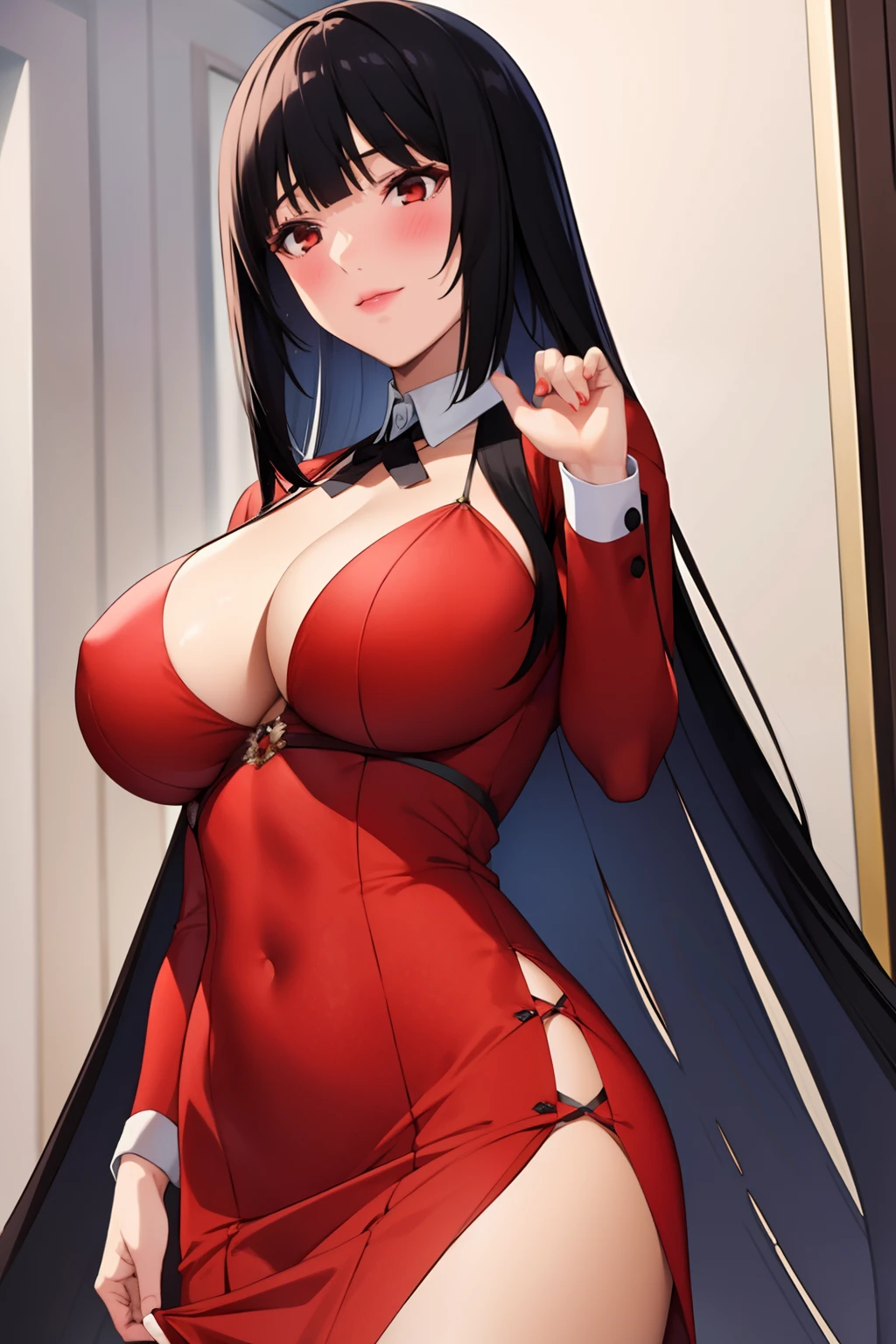 masterpiece, best quality, 1girl, solo, jabami yumeko, black hair, long hair, blunt bangs, red dress, night,